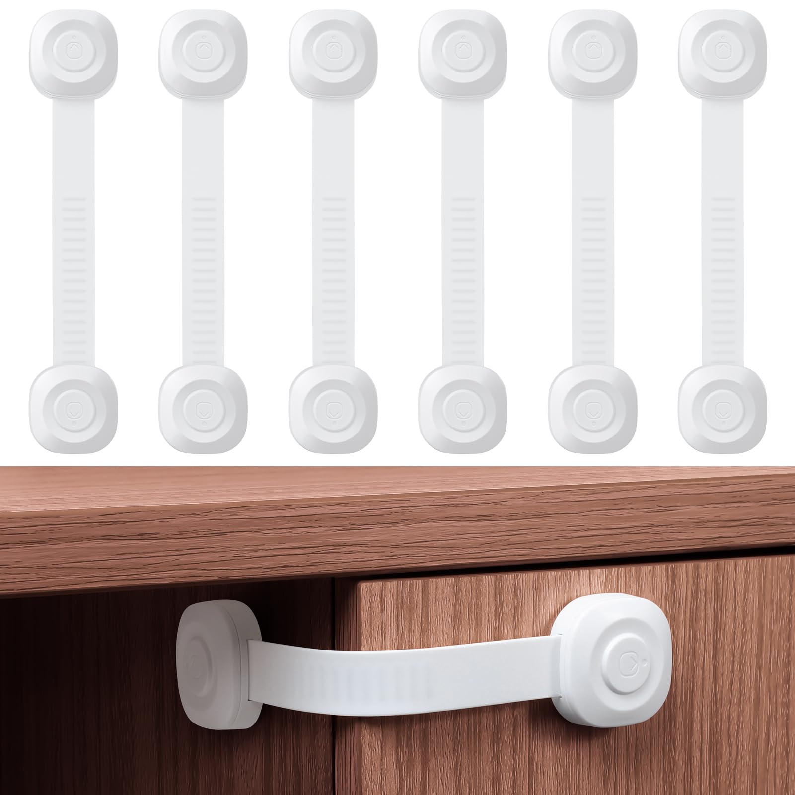 ECHOCUBE Kindersicherheits-Schubladenschlösser, 6 Stück verstellbare Schrankschlösser, Baby-Sicherheitsgurtschlösser für Schränke, Kühlschrank, Toilette, Mülleimer (weiß)