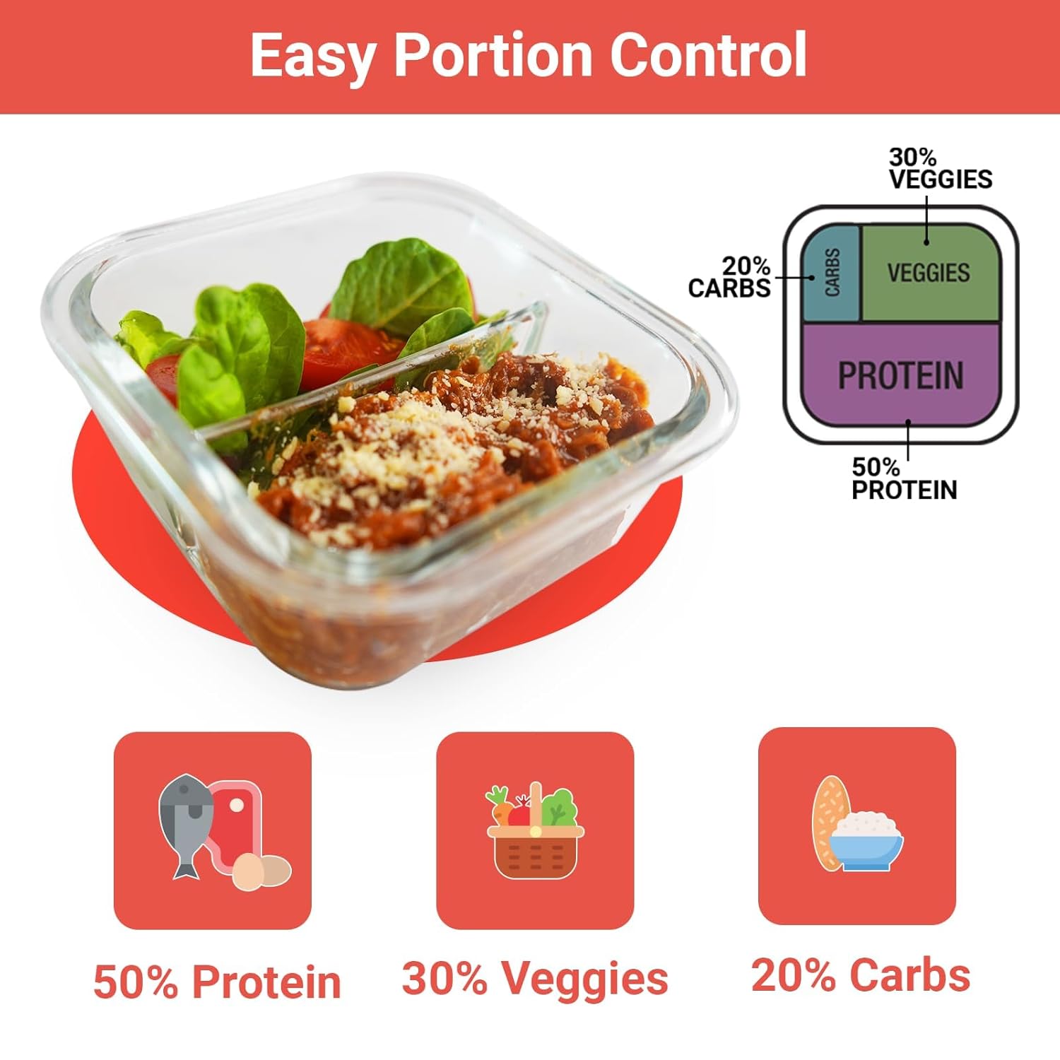 Portion Control Containers for Bariatric Meals – 8 oz Glass Meal Prep Containers with Two 4 oz Compartments and Lids (3 Pack), Reusable Bento Lunch Boxes