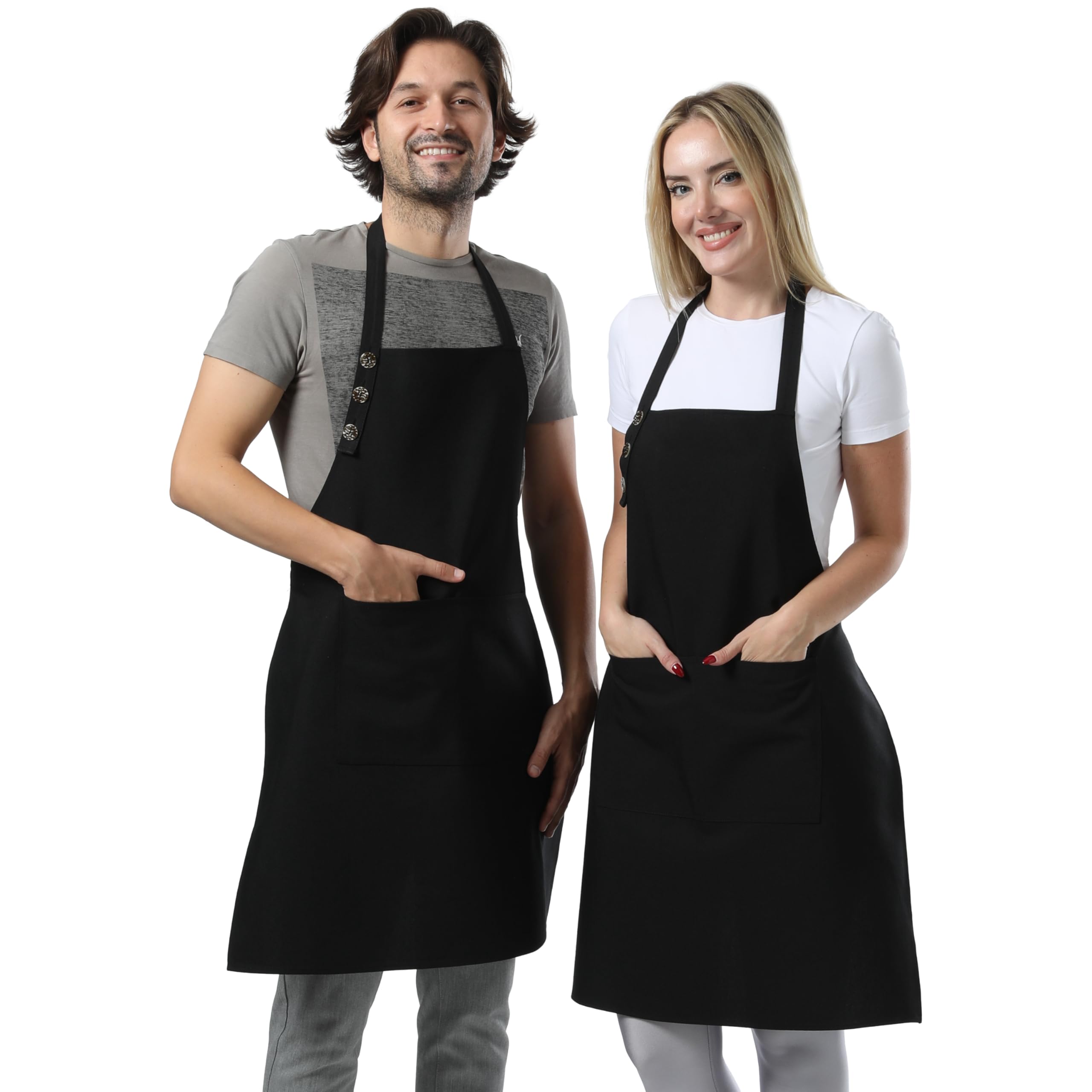 [BFYSYO] Kitchen Apron Waterdrop Resistant Cotton Apron with adjustable Aprons for Women with Pockets Cooking Apron (2 Pack - Black)