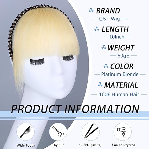 Miniatura 3 de G&T - Flequillo con clip para el cabello, cabello humano rubio platino, flequillo con fleco de diamantes de imitación para reducir la edad,
