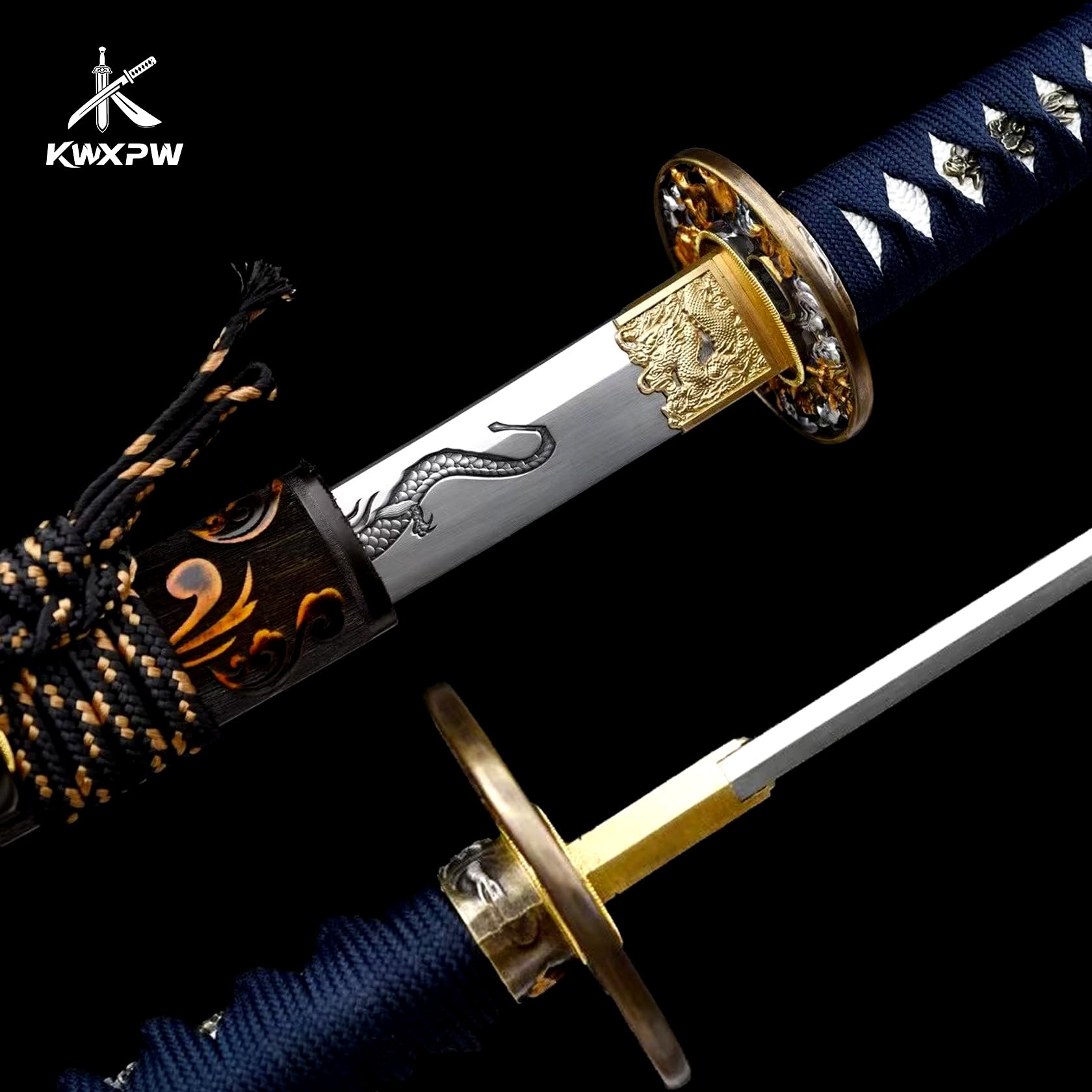 103cm Japanisches Katana-Schwert,Federstahl Samurai-Schwert,Holz Saya mit Gravur,handgefertigt traditionelles Samuraischwert für Display,Cosplay,Requisiten,Geschenke,Training