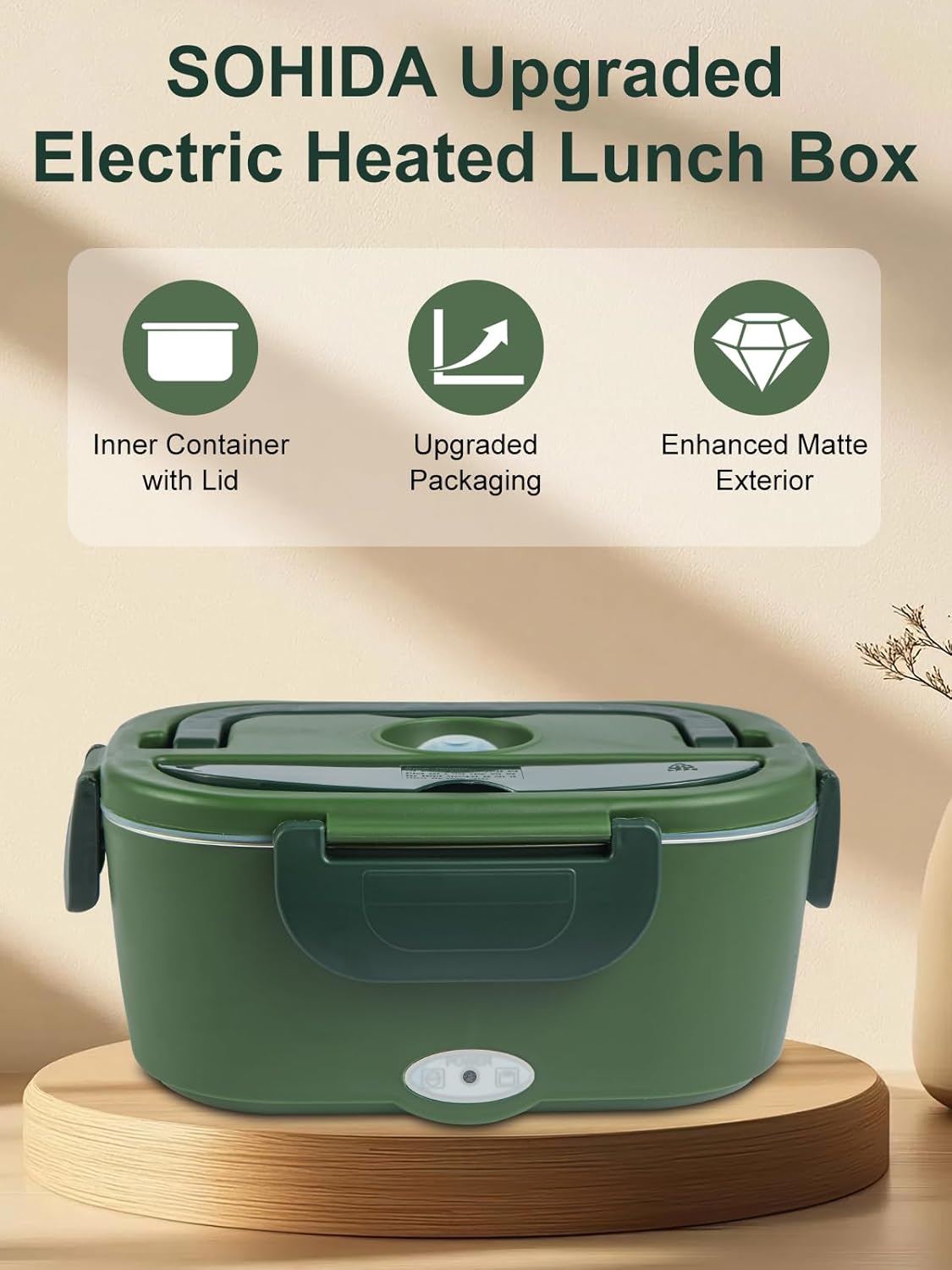 SOHIDA 2025 Upgraded 80W Heated Lunch Box with Insulated Bag, 1.5L SS Container with Lid & 0.45L Fruit Box Electric Lunch Box for Adults, 12V/24V/110V Portable Food Warmer for Home/Car/Truck (Green)