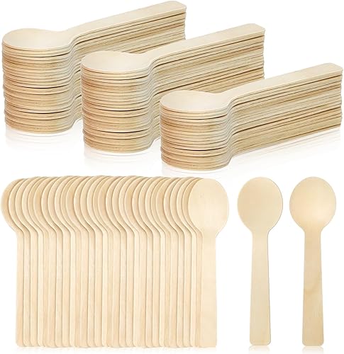 300 cucharas desechables de madera redondas de 4 pulgadas, cucharas de degustación para fiestas, campamentos, postres, etc