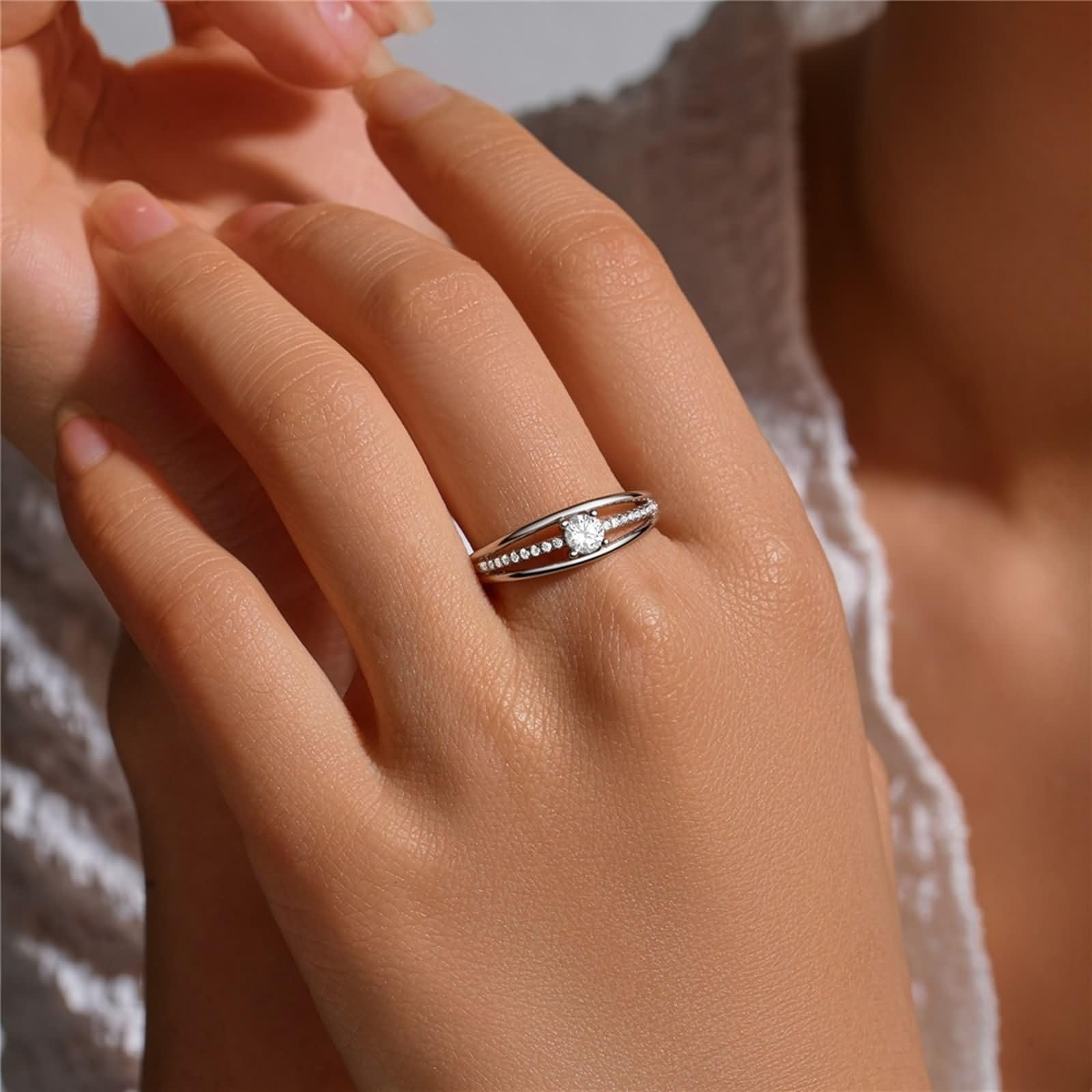 Beydodo Anillo Boda Oro Blanco 9 14 18 K de Mujer con Redondo con Moissanita, Anillo Plata de Matrimonio de Mujer