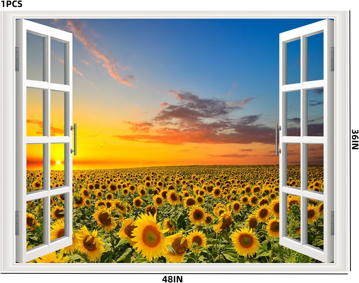 Self-Adhesive Wall Sticker Romantic Living Room Bedroom Study Office Decorative Wall Sticker Ocean Scenery Fake Window Sticker Mural (36"×48", Sunflower)