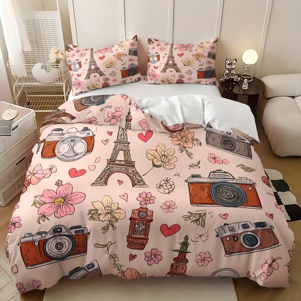 Paris Iron Tower zestaw poszewek na kołdrę w rozmiarze king size, 230 x 220 cm, zegarek na aparat, zestaw pościeli, różowa, mikrofibra, hipoalergiczna poszewka na kołdrę z zamkiem błyskawicznym i 2