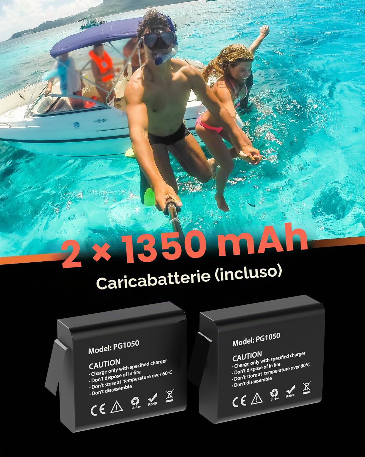 4K 60FPS Action Cam con 64GB SD Card, Touchscreen Pre-Recording 24MP Videocamera Fotocamera Subacquea 131FT Telecamera Moto 170° Telecamere Sportive con 2 * 1350mAh Batterie Kit Accessori Casco