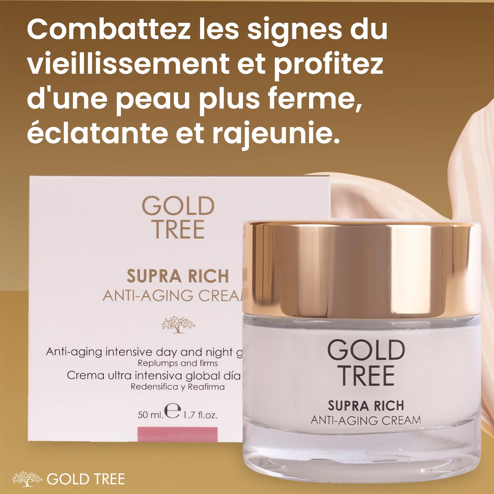 GOLD TREE Crème Anti-Âge à l'Acide Hyaluronique pour une Absorption Rapide 50 ml. Soin du Visage pour Femmes. Crème de Jour et de Nuit pour le Soin de la Peau. Crème Visage Anti-Boutons pour Femmes