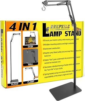 4 IN 1 Metal Reptile Lamp Stand with Swing Arm for Terrarium - Floor Light Stand for Reptile Tank - Adjustable Height & Width & Angle Heat Lamp Holder - Heating Light Bracket & Hanger Max Height 72"