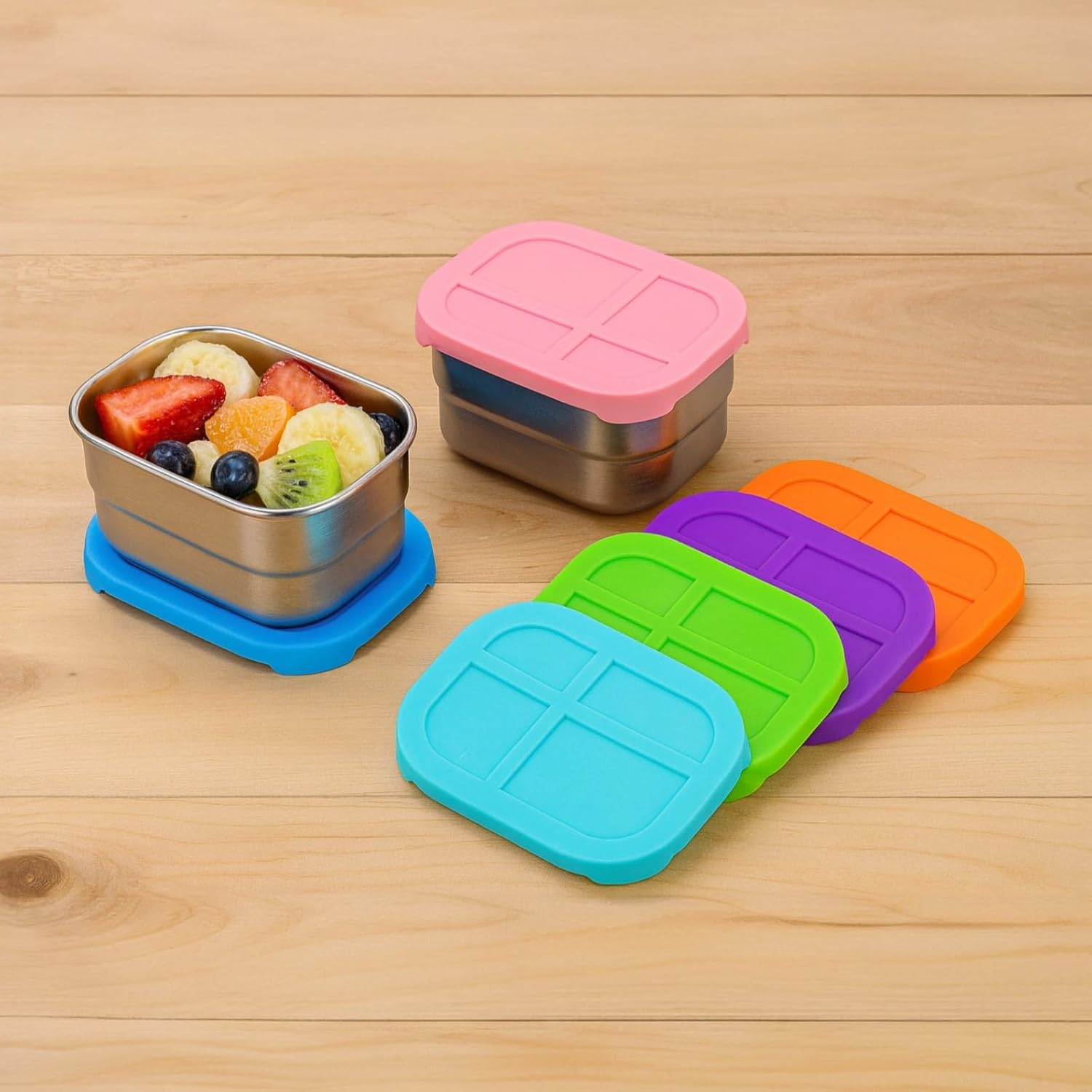 Youngsters Snack Containers Stainless Steel 6 Pcs, Leakproof Silicone Lids Metal Box 8 Oz, School and Outdoor Activities Colorful, Storage Long-Lasting and Safe