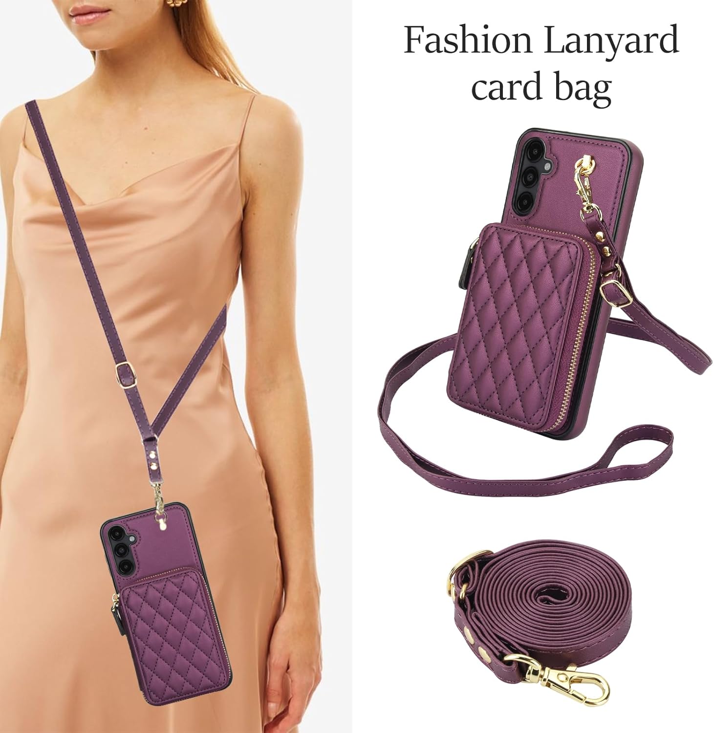 Phone Case for Samsung Galaxy A16 5G/4G Wallet Cell Cover with Tempered Glass Screen Protector Wrist Crossbody Strap Lanyard Stand RFID Blocking Credit Card Holder Slot A 16 Women Girls Dark Purple