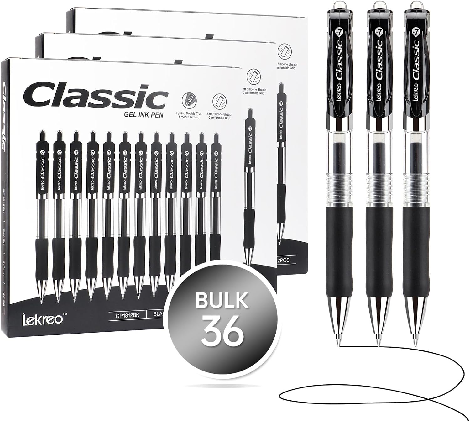 Classic Retractable Gel Roller Pens, 0.7mm Fine Point Black Ink (Black - 36 Packs)