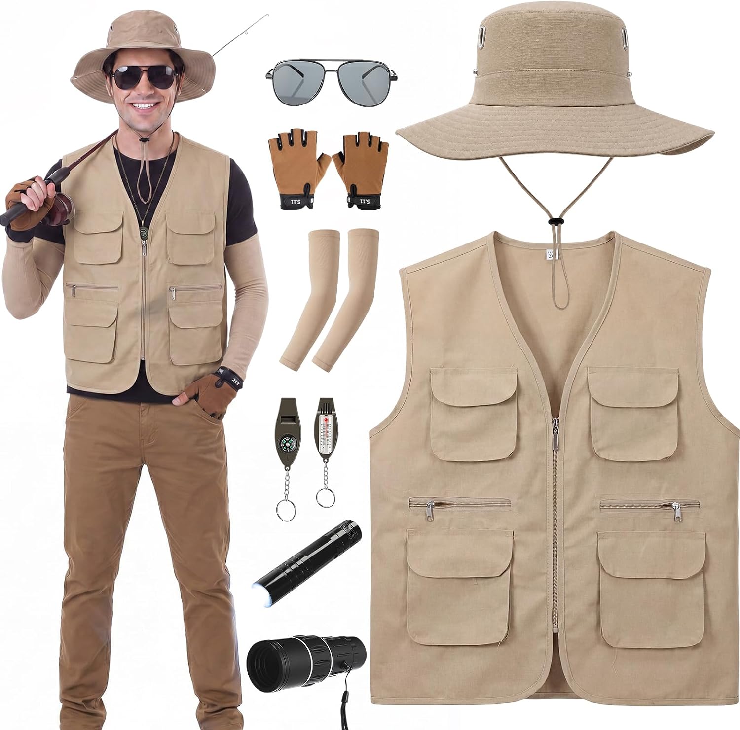 Mepase 8 Pcs Men's Safari Costume Zoo Keeper Fishing Vest Sun Bucket Hat Binocular Compass Gloves for Adults