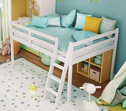 Vingli - Cama junior tipo loft baja con escalera, cama tipo loft de madera blanca de tamaño completo para adultos, niños y adolescentes jóvenes, no