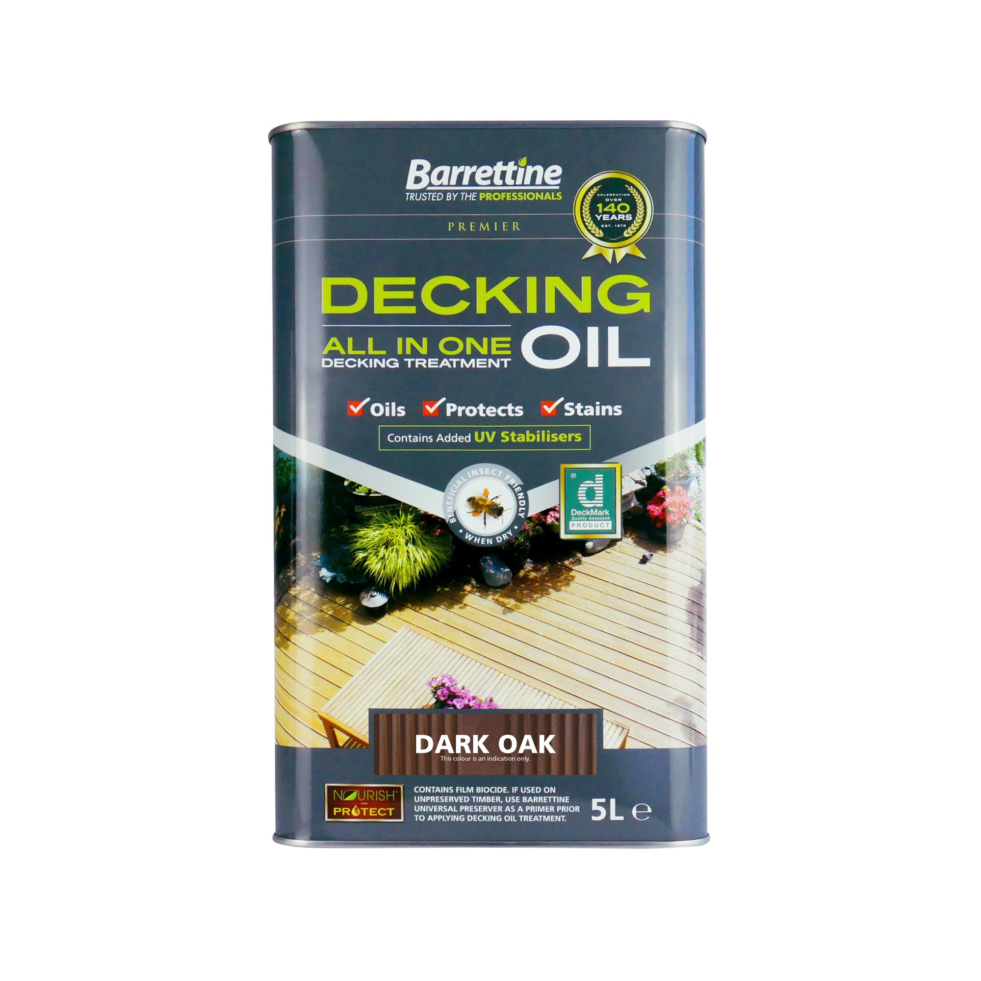 Barrettine Decking Oil (Dark Oak, 5L) - UV & Fade Resistant All-in-One Outdoor Decking Treatment, Water Repellent Deck Oil for Exterior Timber & Structures