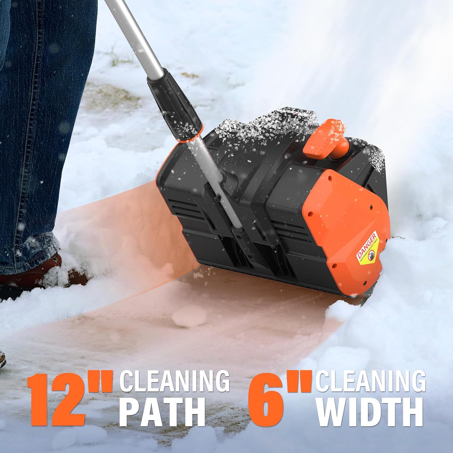 Close-up of the MAXLANDER snow shovel clearing a 12-inch wide and 6-inch deep path.