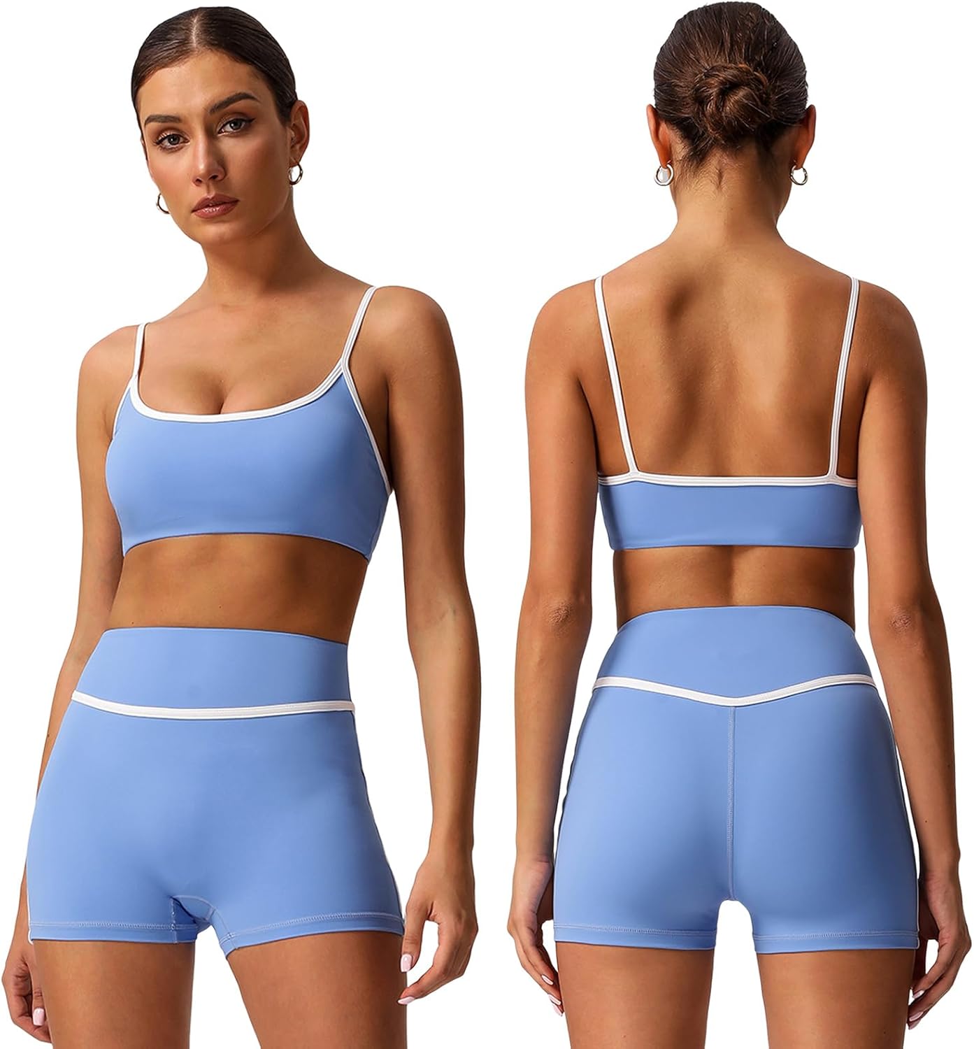 Colorblock Workout Sets for Women 2 Piece Gym Yoga Pilates Outfits Strappy Sports Bra High Waist Shorts Active Athletic Sets