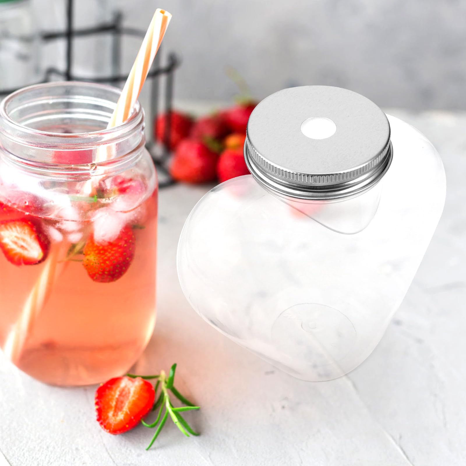 10 bottiglie di plastica per succhi di frutta con coperchio con fori di cannuccia, 500 ml, a forma di cuore, riempibili, riutilizzabili, vuote, bevande, frullati, barattoli trasparenti per caramelle,