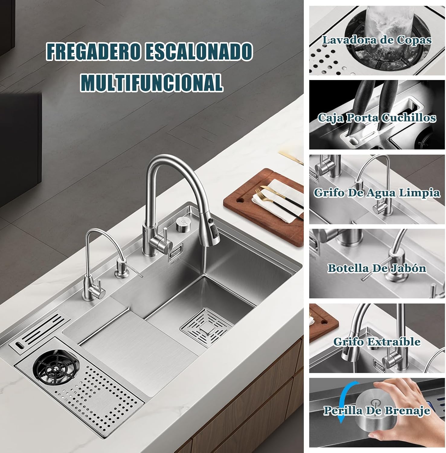 Black Stainless Steel Kitchen Sink, Single Bowl Stepped Bar Sink with Cup Washer and Pull-Out Faucet,1.5 Bowl, Dual-Mount