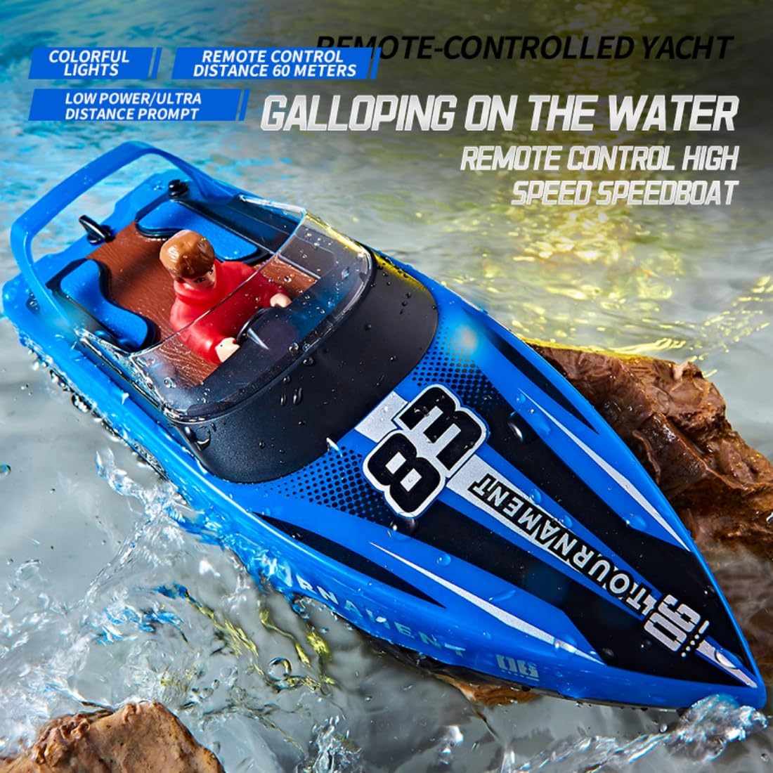 HJ821 - Barco a control remoto de alta velocidad de 15 km/h con luces LED de anillo, 2.4 GHz de doble motor impermeable RC lancha rápida para piscinas y lagos