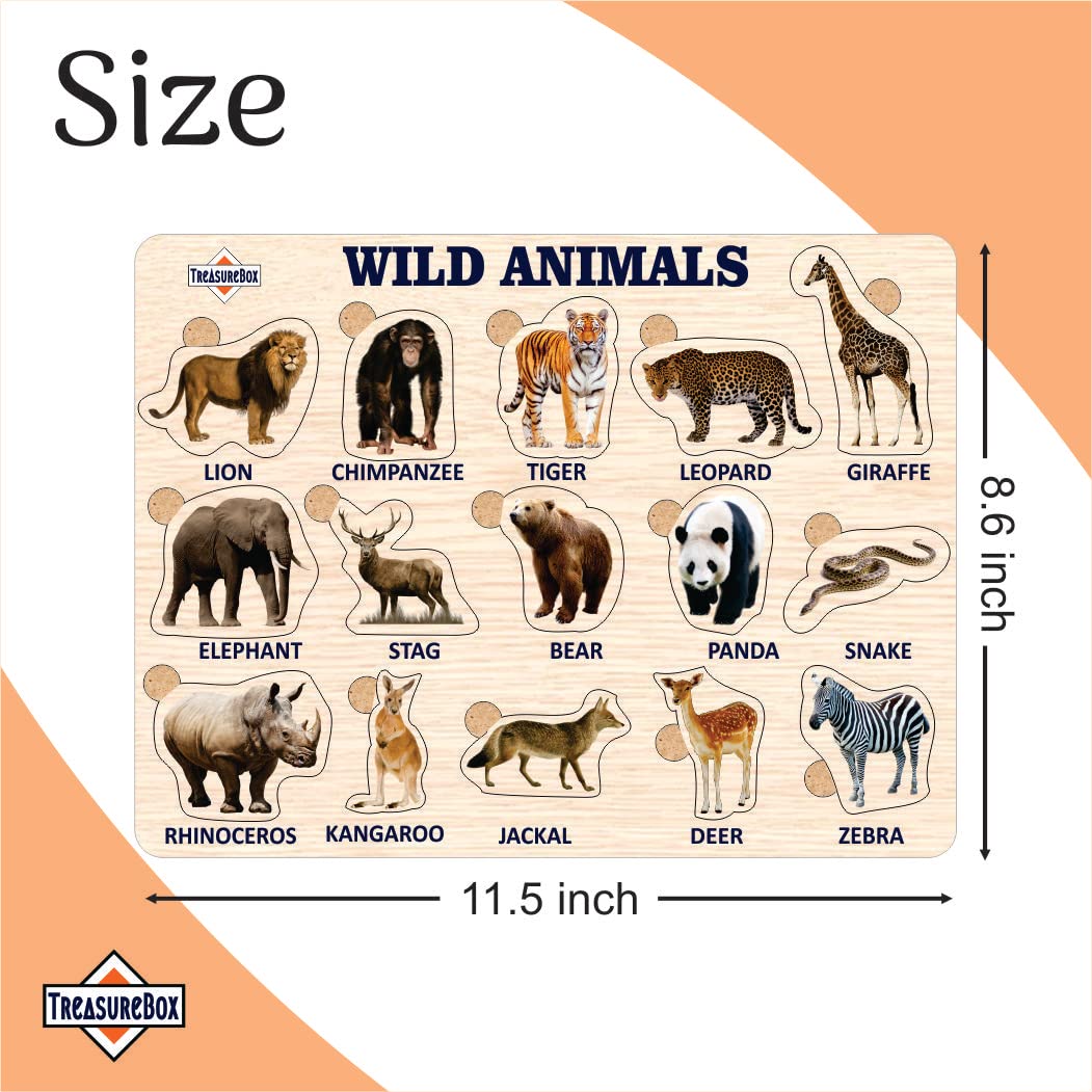 TreasureBox Wooden Puzzle Educational Board Learning Toy Tray for Kids Set of Animals Wild and Domestic, Size 22x30 cm (Z AW-AD)