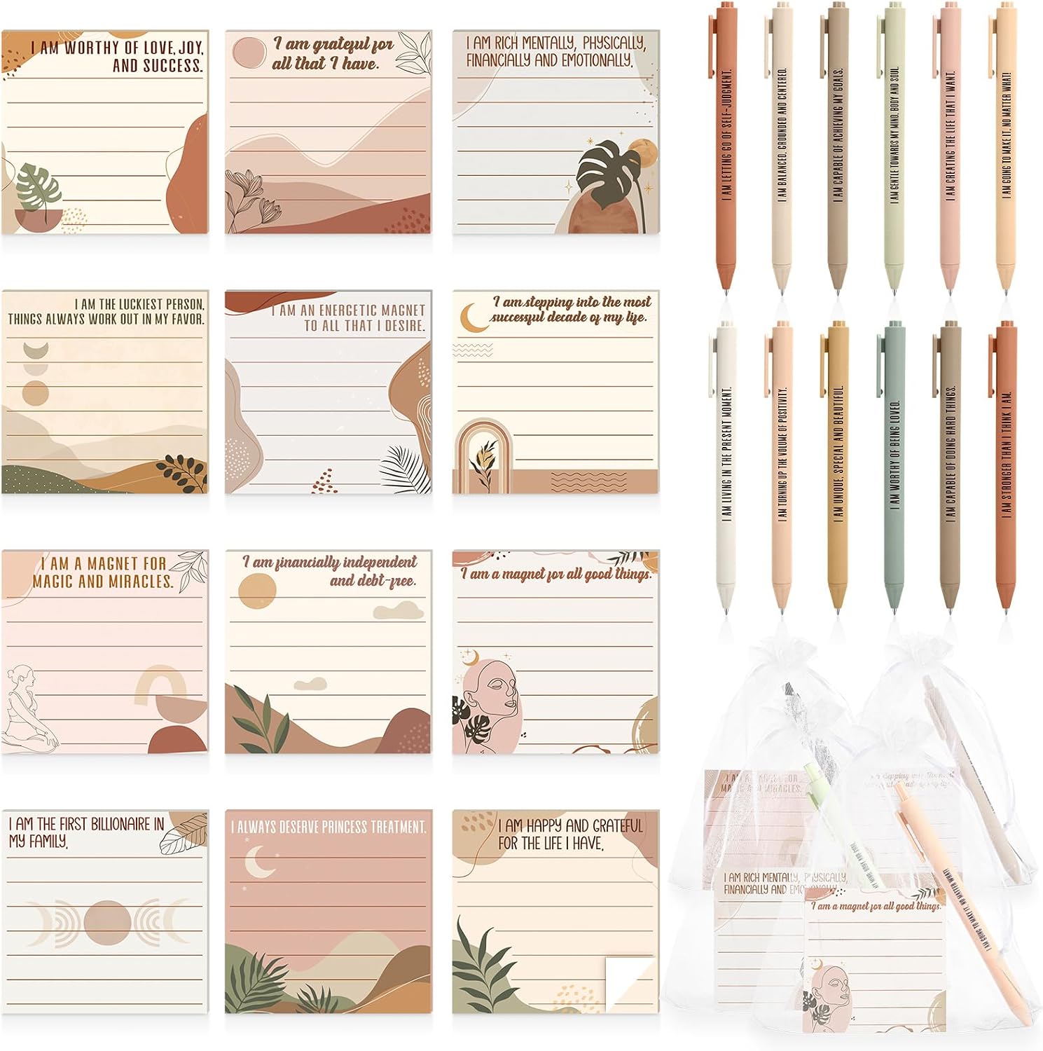 Funrous 36 Pcs Positive Affirmation Gift for Women Bulk Inspirational Sticky Notes with Pens Bags Positive Mental Health Gifts for Coworkers Employee Teacher Nurse Staff Supplies (Boho)