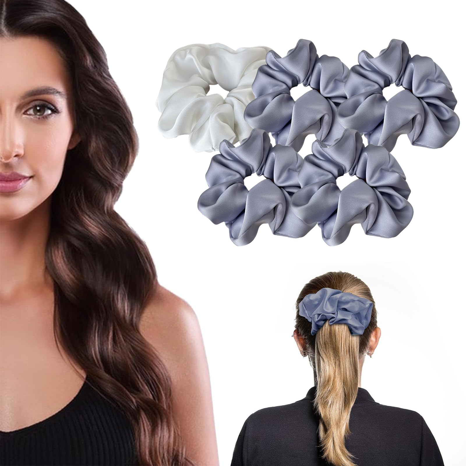OWITER 5 pcs Large Satin Scrunchies for Women,oversized scrunchies for women,large scrunchies for giant scrunchie (1 white 4 grey blue)