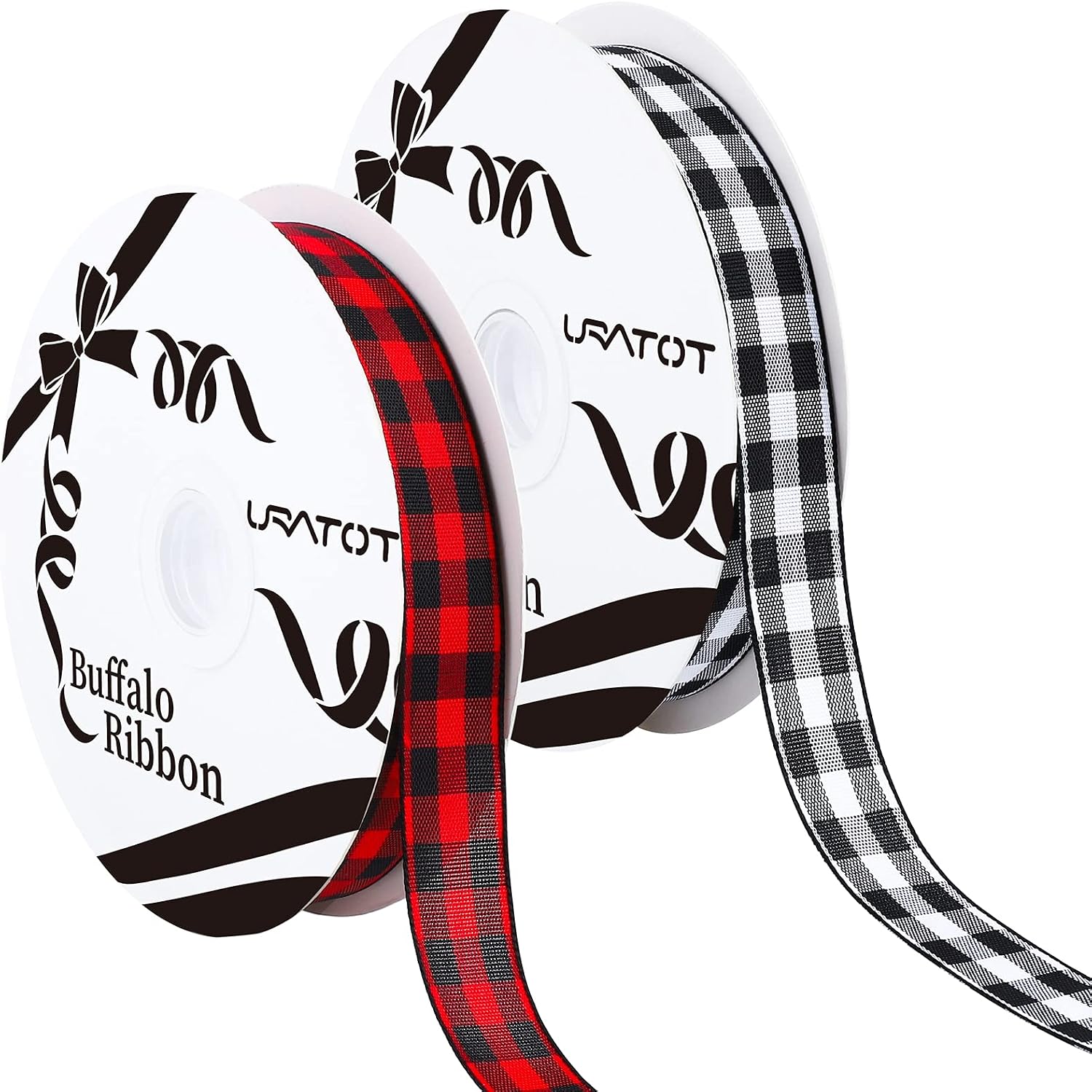 URATOT 2 Rolls Christmas Wrapping Ribbon Buffalo Plaid 0.6 Inch x 75 Feet Gift Ribbon Buffalo Checks for DIY Crafts Decoration, Floral Bows Craft