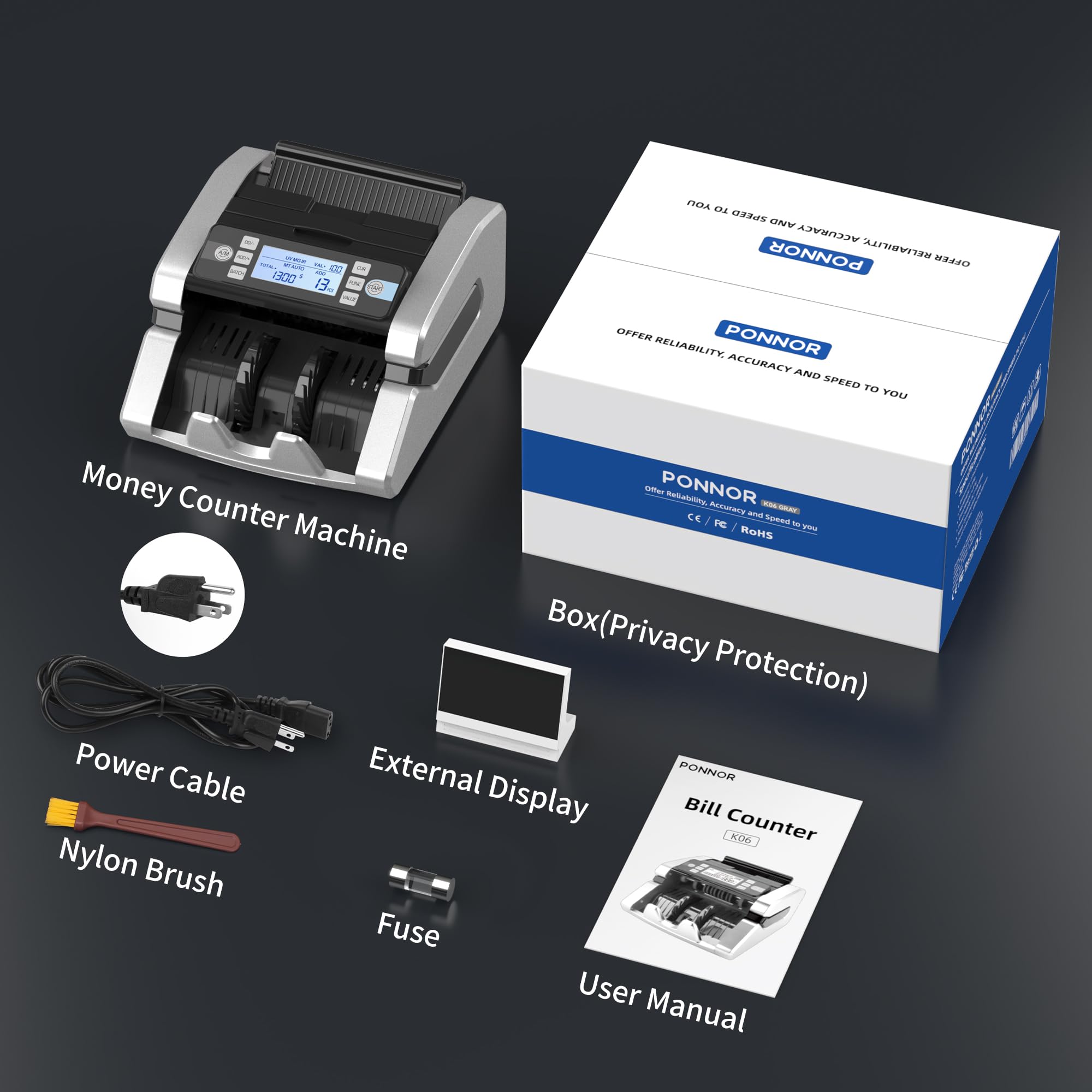 PONNOR Macchina contatore di denaro con conteggio valori, rilevamento banconote contraffatte UV/MG/IR/MT/DD, contatore contanti in euro con modalità conteggio/aggiunta/batch/automatica, display LCD