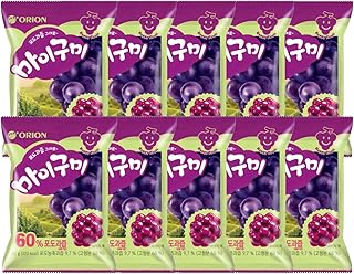 Korean Snack Fruit-Shaped Grape Flavor Gummy Candy - Soft, Chewy, and Made with 60% Real Fruit Juice, Sweet and Fresh - 66g (2.32oz), Pack of 10