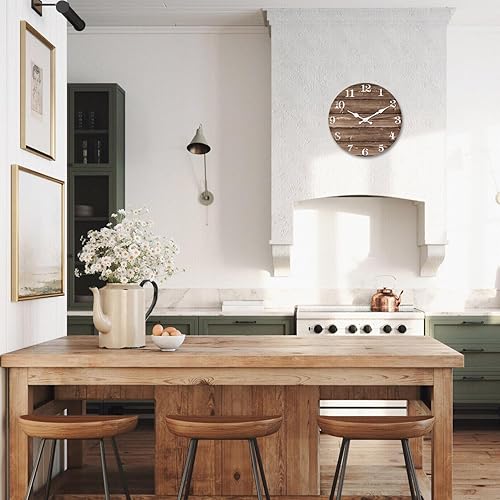 Miniatura 3 de XFM Reloj de pared de madera marrón de 10 pulgadas, silencioso, funciona con pilas, decorativo, estilo granja, pequeño, rústico, para cocina, sala