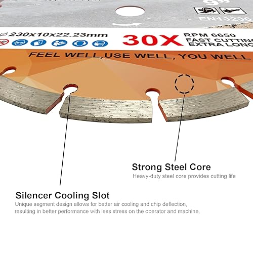 Miniatura 4 de FEWELL Hoja de diamante de 9 pulgadas, hoja segmentada de uso general, hormigón de corte secohúmedo, mampostería, ladrillo, bloque, piedra (3
