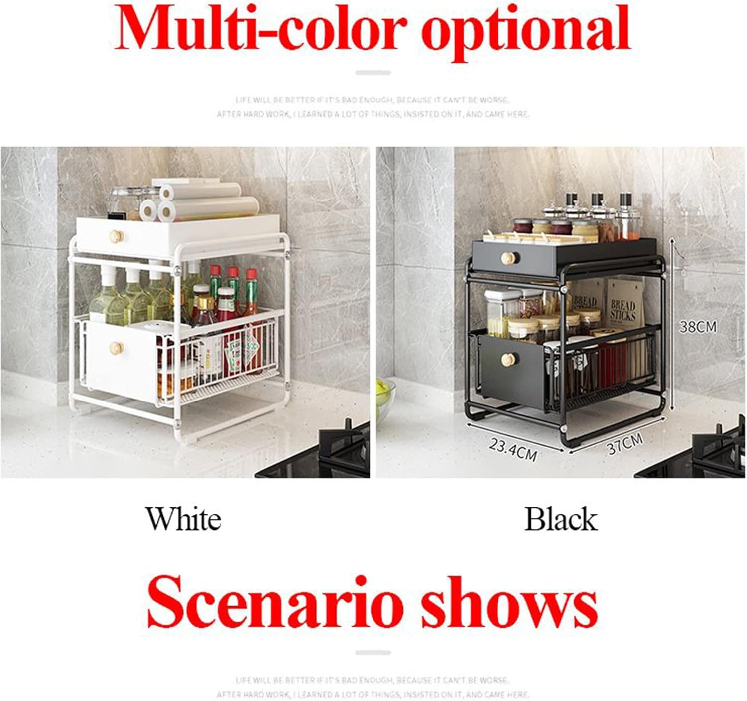 Organizzatore sotto lavello a 2 ripiani con cassetto scorrevole, cestino portaoggetti in acciaio al carbonio per cucina, bagno, dispensa, ufficio