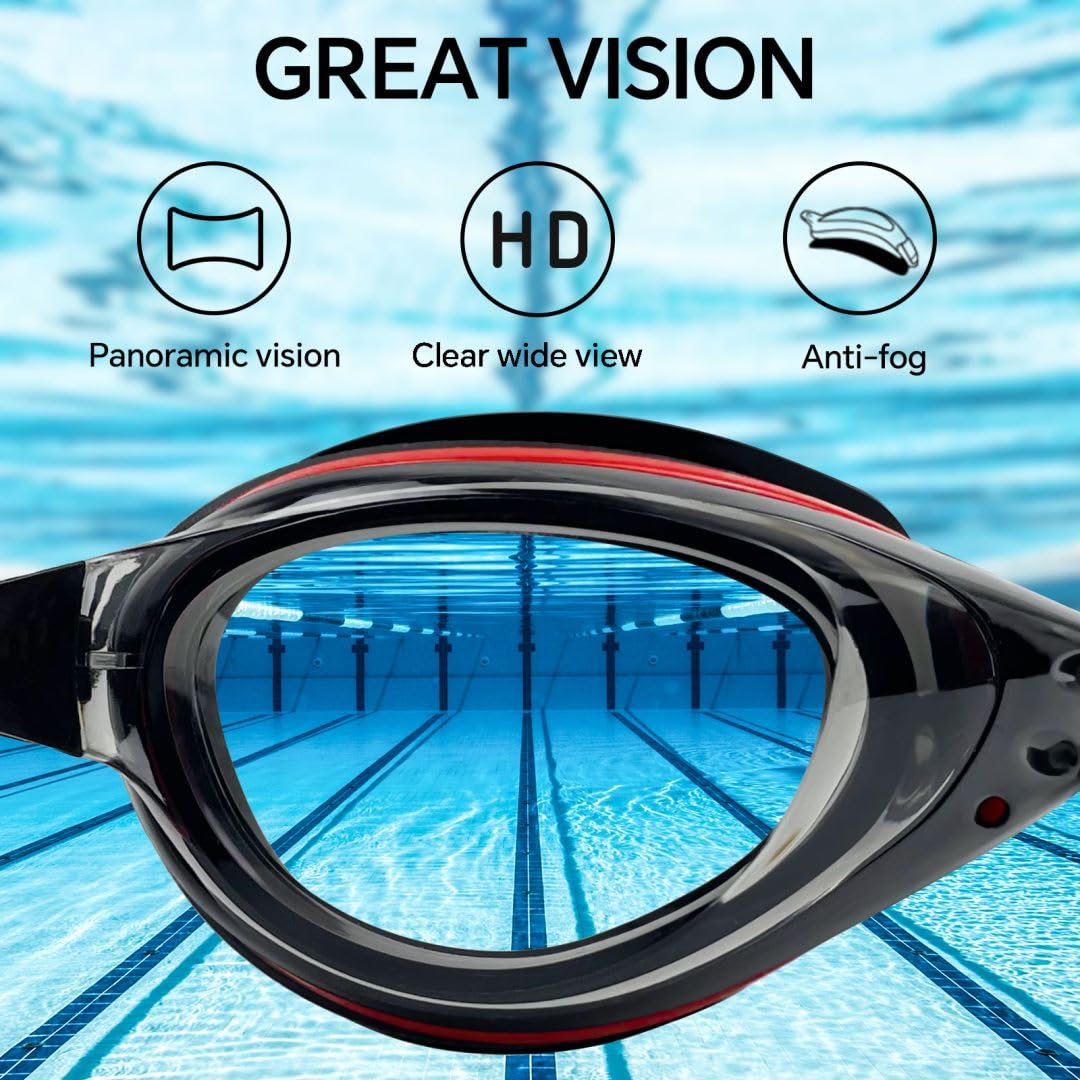 Schwimmbrille für Kurzsichtigkeit für Erwachsene, Männer, Frauen, Jugendliche, Anti-Beschlag, Anti-UV, kein Auslaufen, Schwarz und Rot -2.0