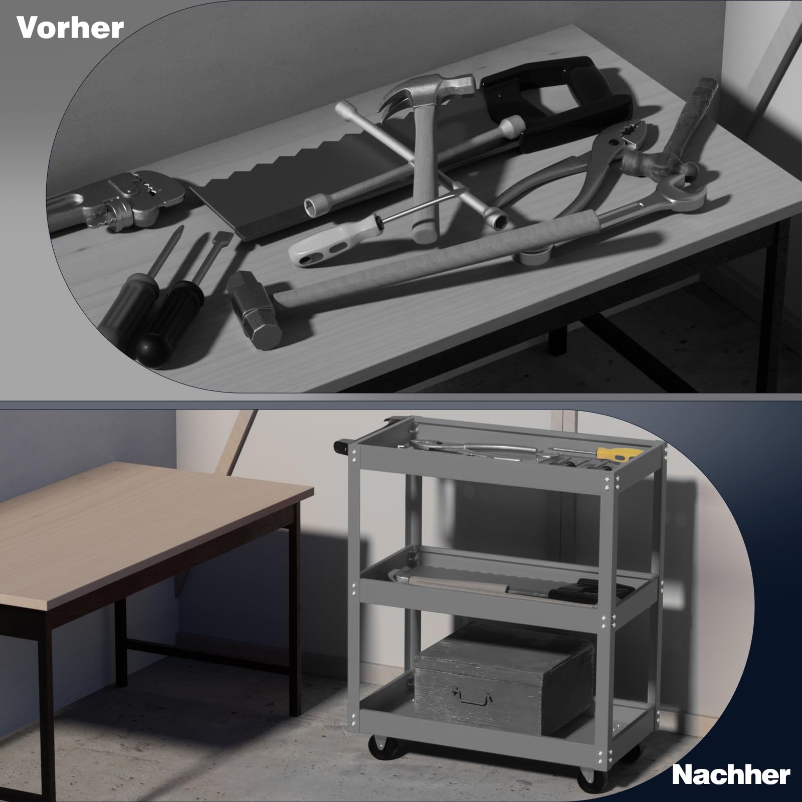 ALANNG Rollender Werkstattwagen, Schwerer Werkzeugwagen mit 3 Tabletts, Metall Servicewagen