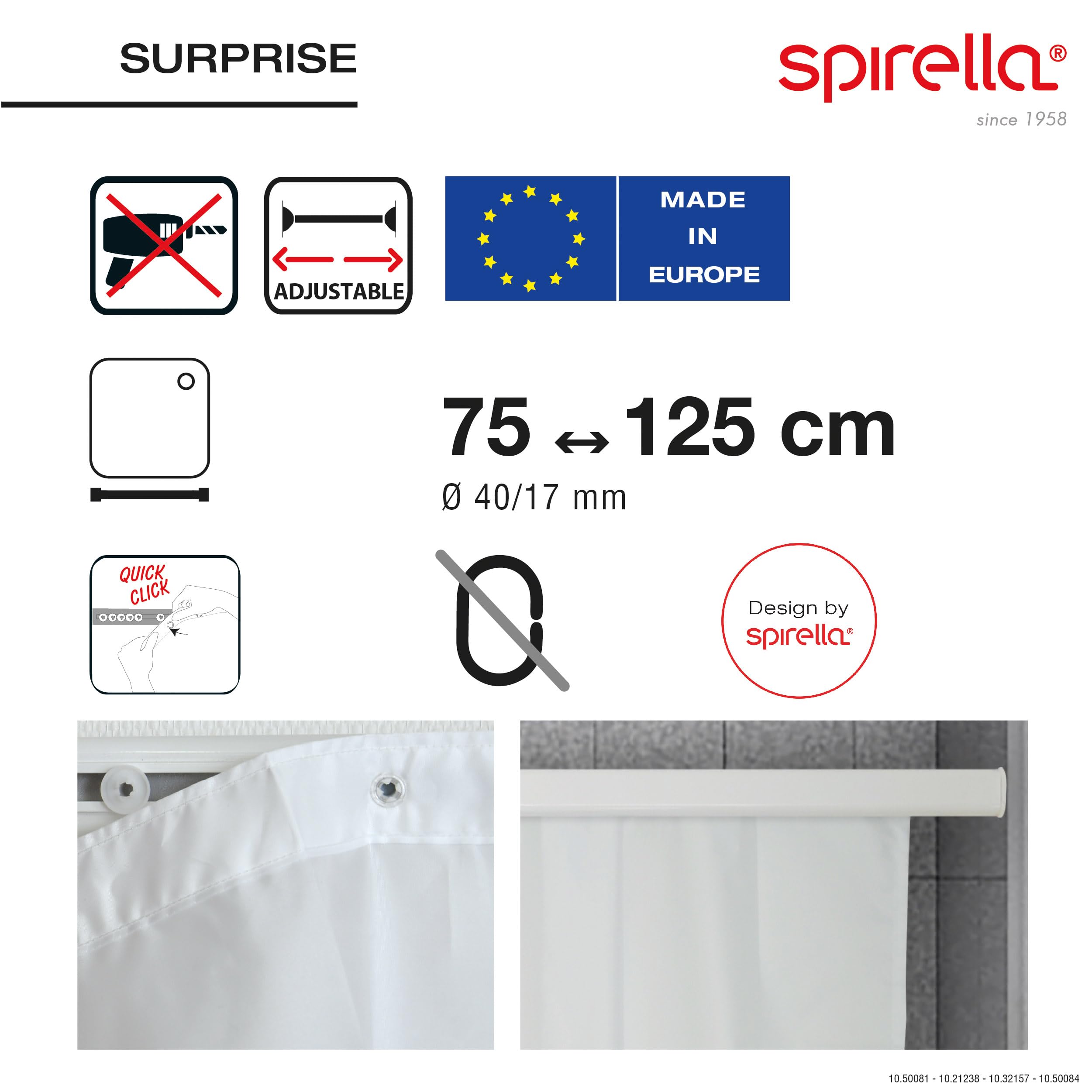 Spirella Barre Tringle pour Rideau de Douche ou Baignoire Extensible sans perçage en Alu Surprise 75-125cm Finition Brillante