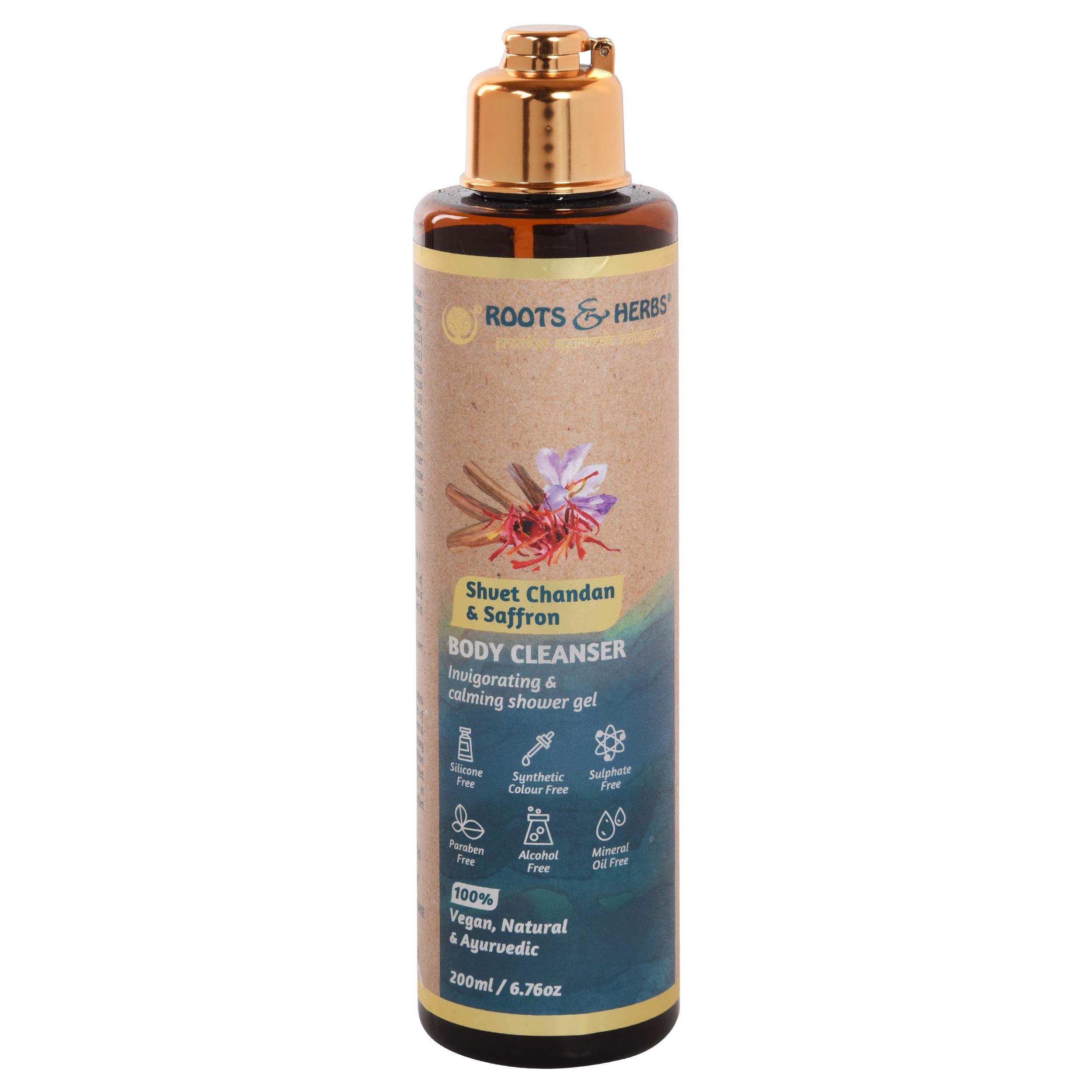 Roots & Herbs Ayurvedic Natural Treatment 100% Vegan No Paraben Shvet Chandan & Saffron Body Wash Cleanser Shower Gel- 200 ML