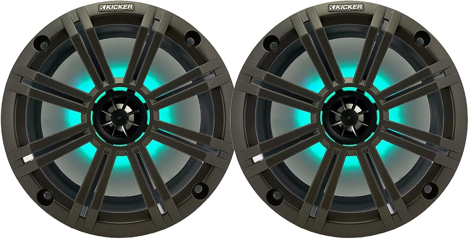 KICKER 8" 300 Watt Max Power 2-Way Marine OEM Replacement RGB Multicolor LED Coaxial Boat Audio Speakers (Pair) with Charcoal Grilles