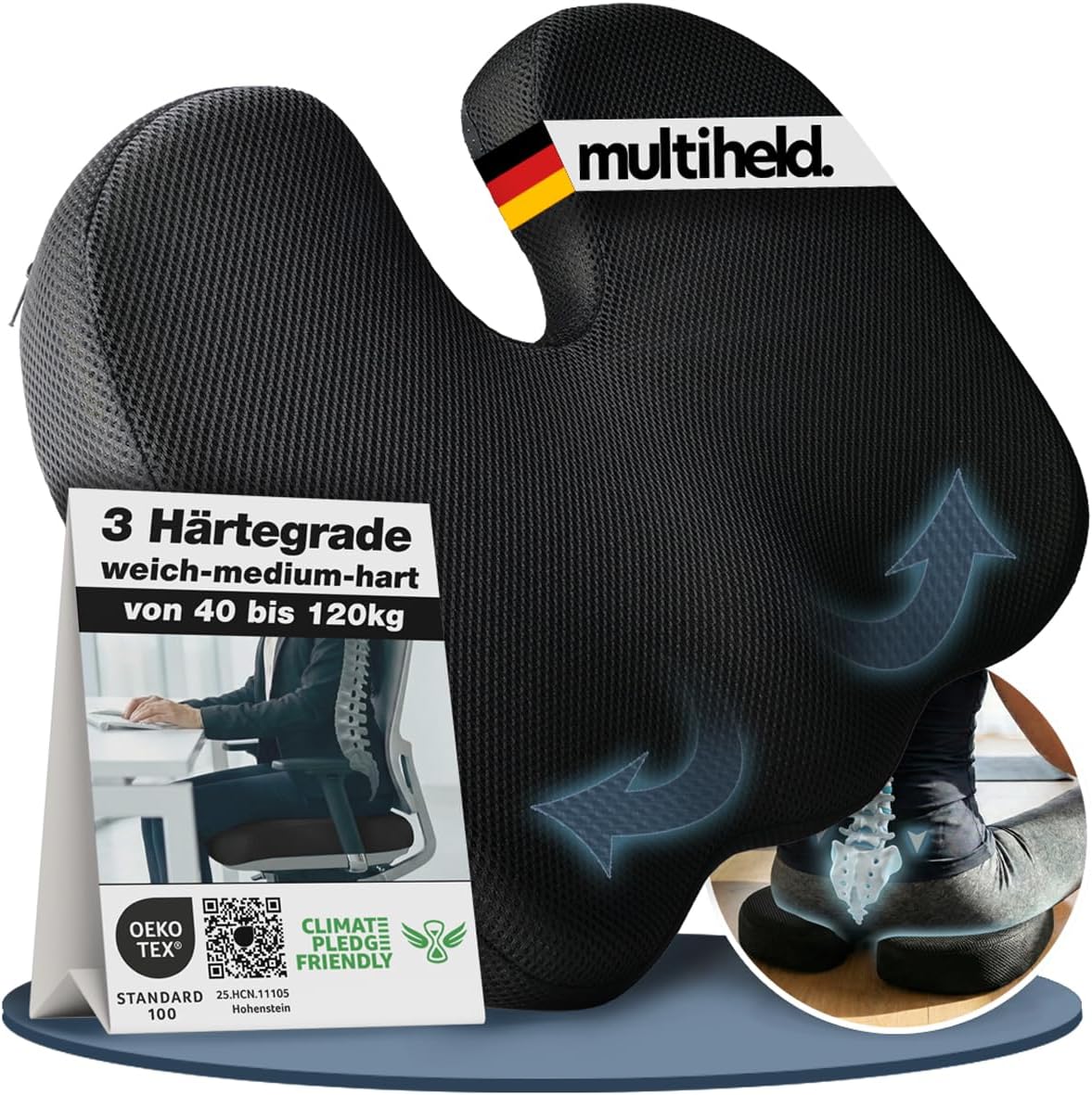 Sitzkissen orthopädisch Steißbeinkissen in 3 Härtegraden ergonomisch geformt aus Memory Foam zur Druckentlastung beim langen Sitzen, geeignet für Bürostuhl, Auto, Homeoffice & Alltag (Weich 40-65 kg)