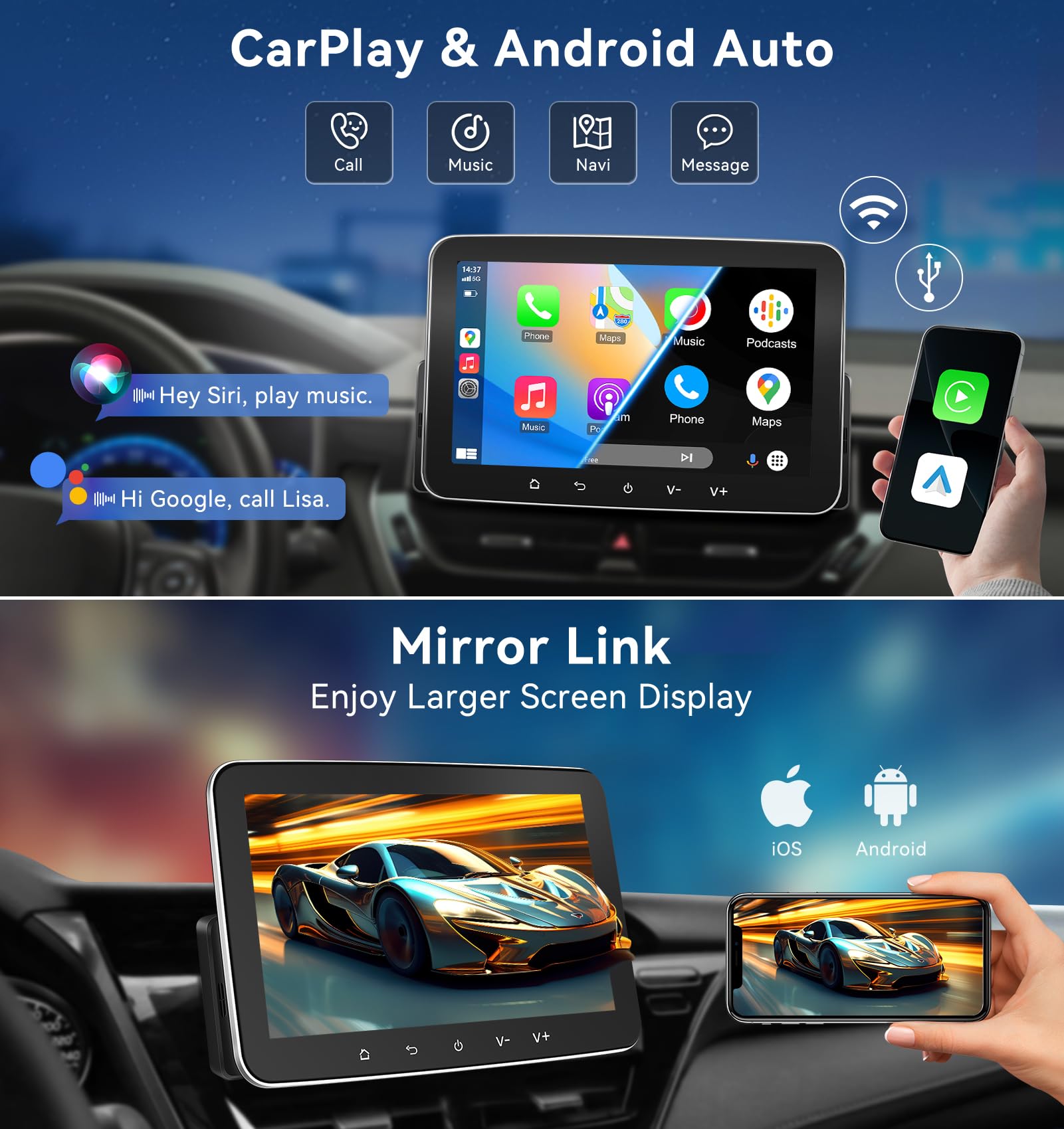 PORMIDO Autoradio con schermo DAB+, 7 pollici 1 DIN Android 13 Apple CarPlay Android Auto Touch Screen Display Wireless Car Play Radio con Bluetooth WiFi Navi MirrorLink FM RDS GPS SWC USB EQ