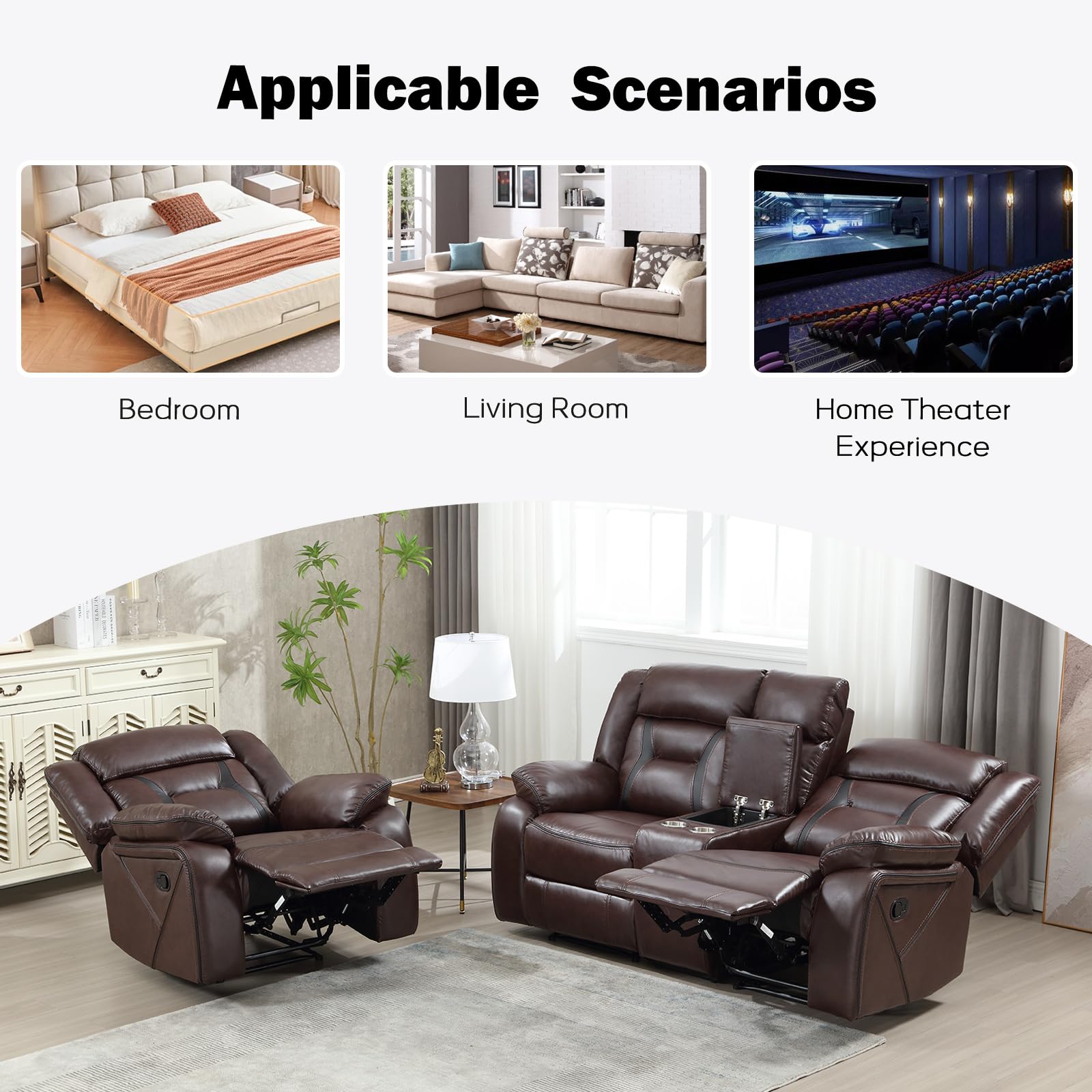 EBELLO Manual Recliner Sofa Set, Faux Leather Reclining Living Room Furniture Set, Included Single Recliner Chair and Manual Loveseat Sofa, Dark Brown view 6
