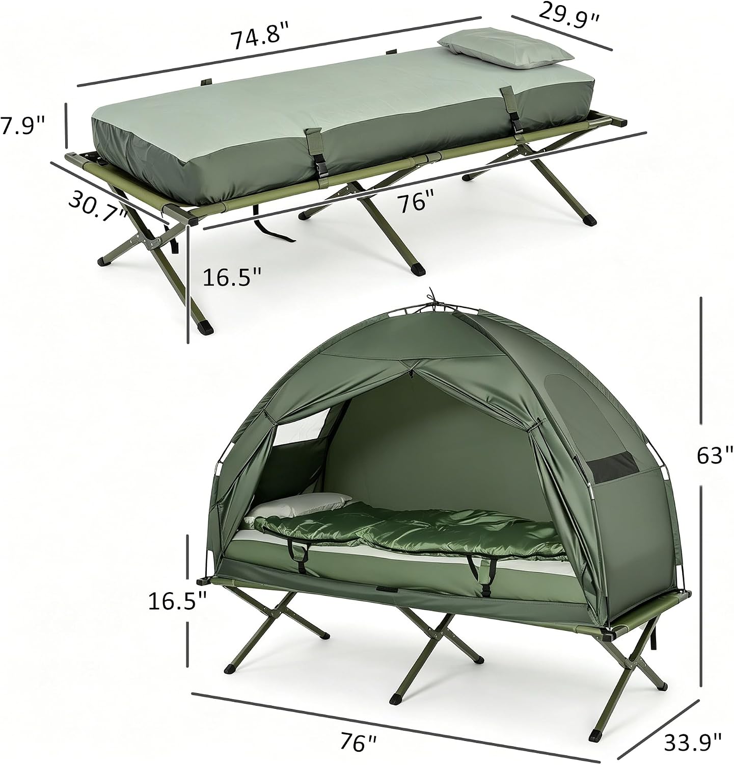 Outsunny Camping Tent Cot, 6-in-1 Folding Tent Cot Combo with Mattress, Pillow, Sleeping Bag, Bed Cover, Roller Carrying Bag, Off Ground Travel Camp Cot for Hiking, Backpacking, Picnic