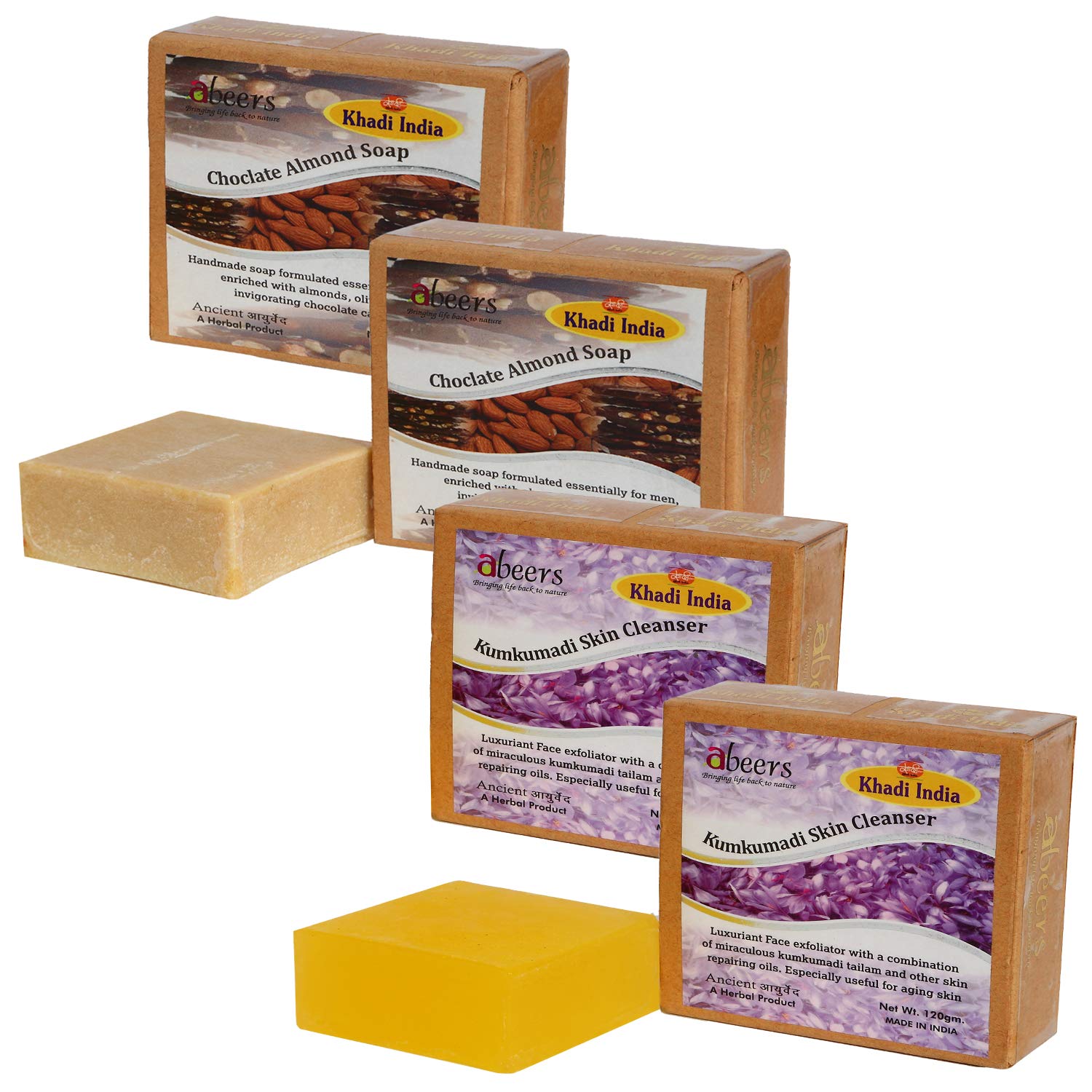 Khadi Abeers Chocolate Almond & Kumkumadi Skin Cleanser Luxury Soap, 120 g (Pack of 4)