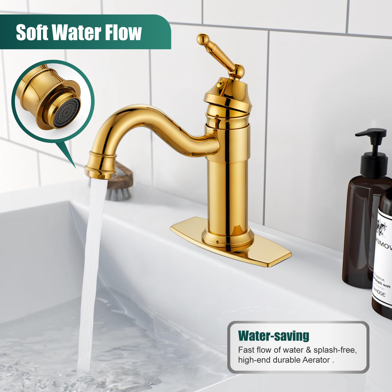 Heyalan Polish Gold Bathroom Basin Sink Faucet Brass One Hole Single Handle Lavatory Fixture Deck Mounted Vanity Vessel Mixer Tap Pop Up Drain Included Hot and Cold Water