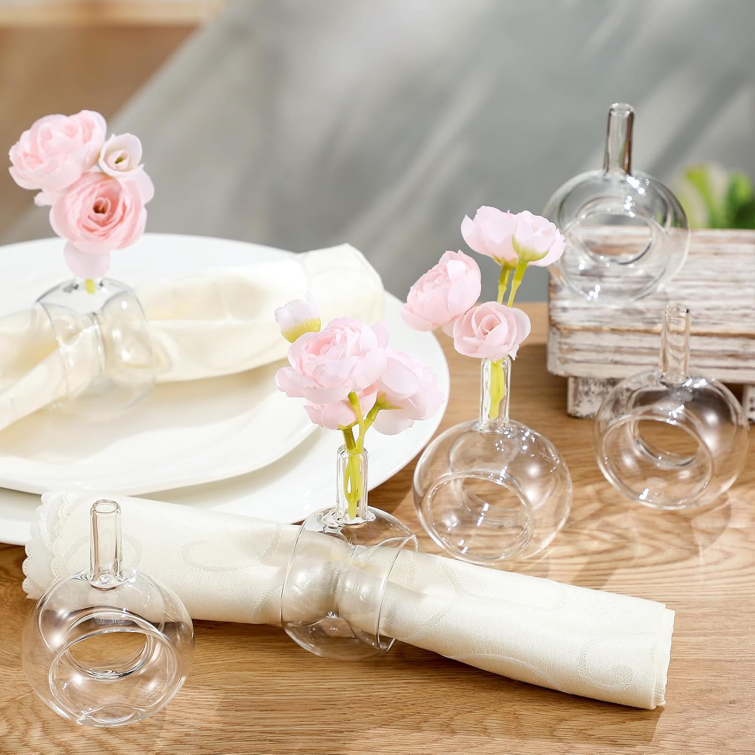 Honeydak 12pcs Glass Vase Napkin Rings Hand Blown High Borosilicate Vase Flower Vases Napkin Rings Holders for Wedding, Birthday Banquet Artistic Table Decor, 2.36 x 1.77 x 3.15 Inches
