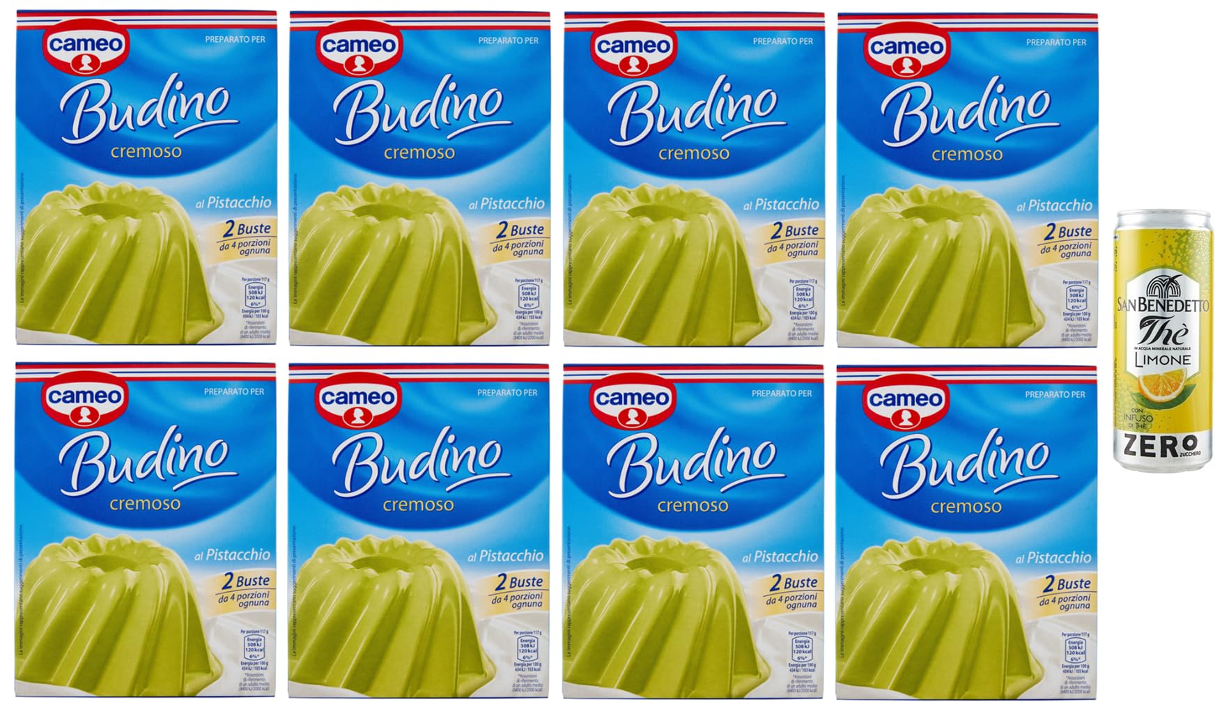 Cameo Preparato per Budino Cremoso al Pistacchio Mélange pour pudding crémeux à la pistache 122 g + 1 paquet de thé glacé San Benedetto au citron sans sucre Boîte de 330 ml