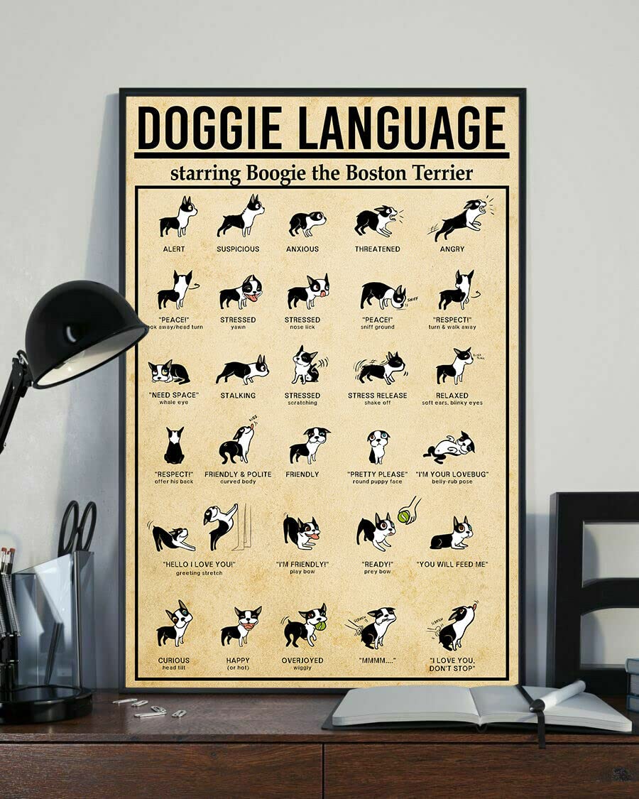 Curteny Metal Tin Retro Sign Doggie Language Starring Boogie The Boston Terrier Funny Dog Poster Vintage Metal Tin Signs Home Bar Shop Decorations Coffee Sign Gift 5.5x8 Inch