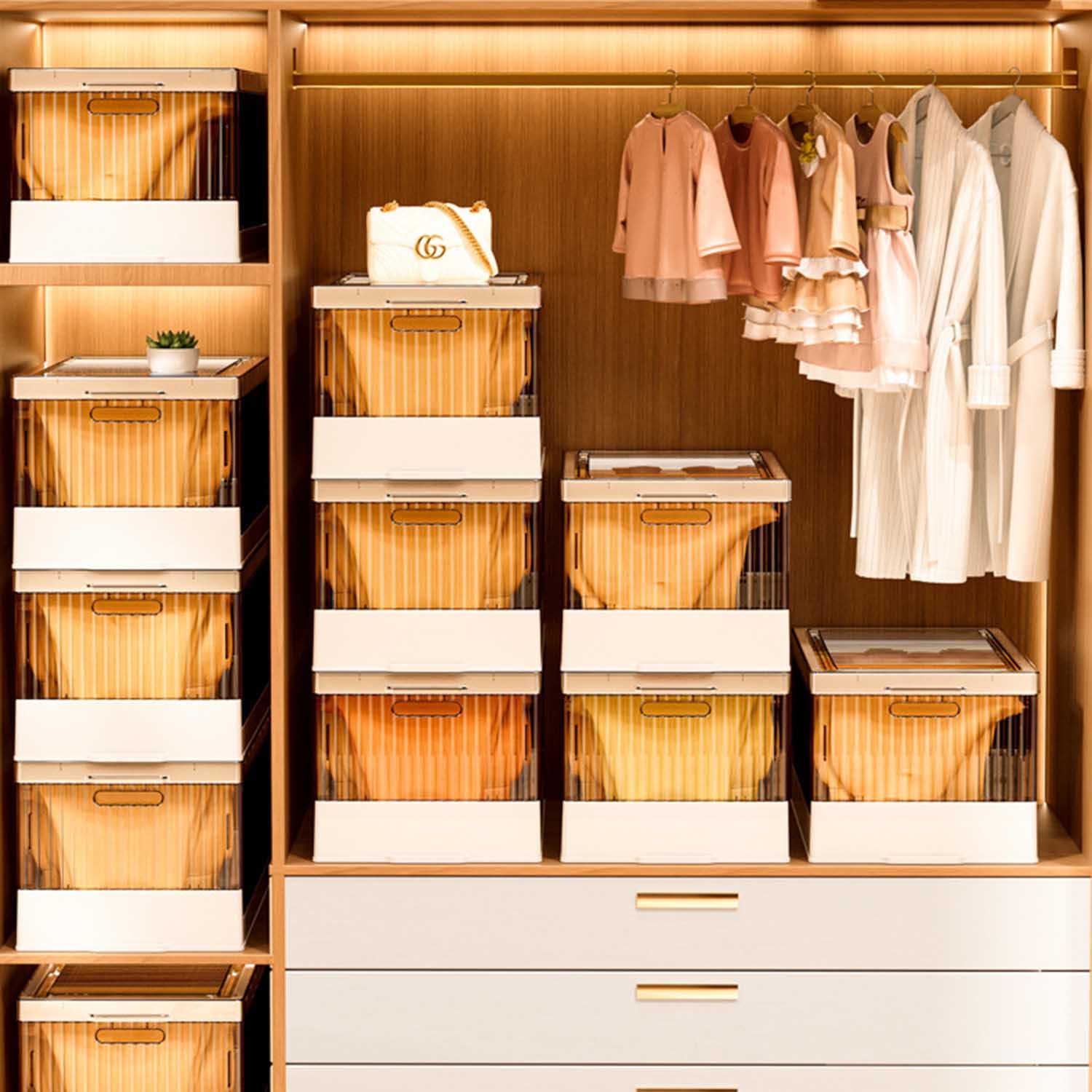 Organizador de ropa para jeans, apilable, plegable, organizador de cajones de armario, caja de almacenamiento para suéter, ropa interior, camisetas, calcetines, con tapa, asa y riel de ropa ajustable,