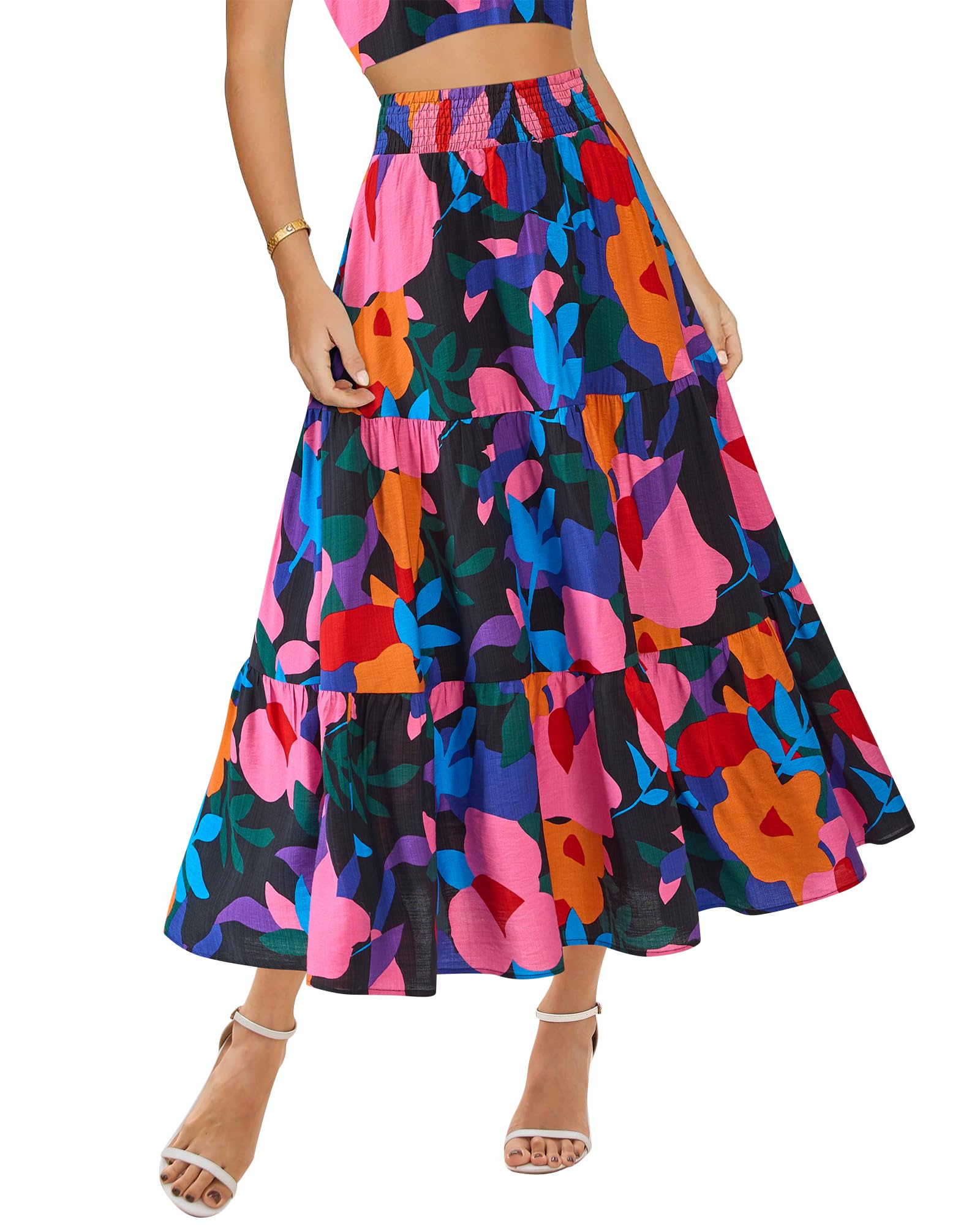 BTFBM Skirts for Women Summer 2026 Floral Print A Line Elastic High Waist Boho Maxi Skirt Spring Fashion Clothing Pocket