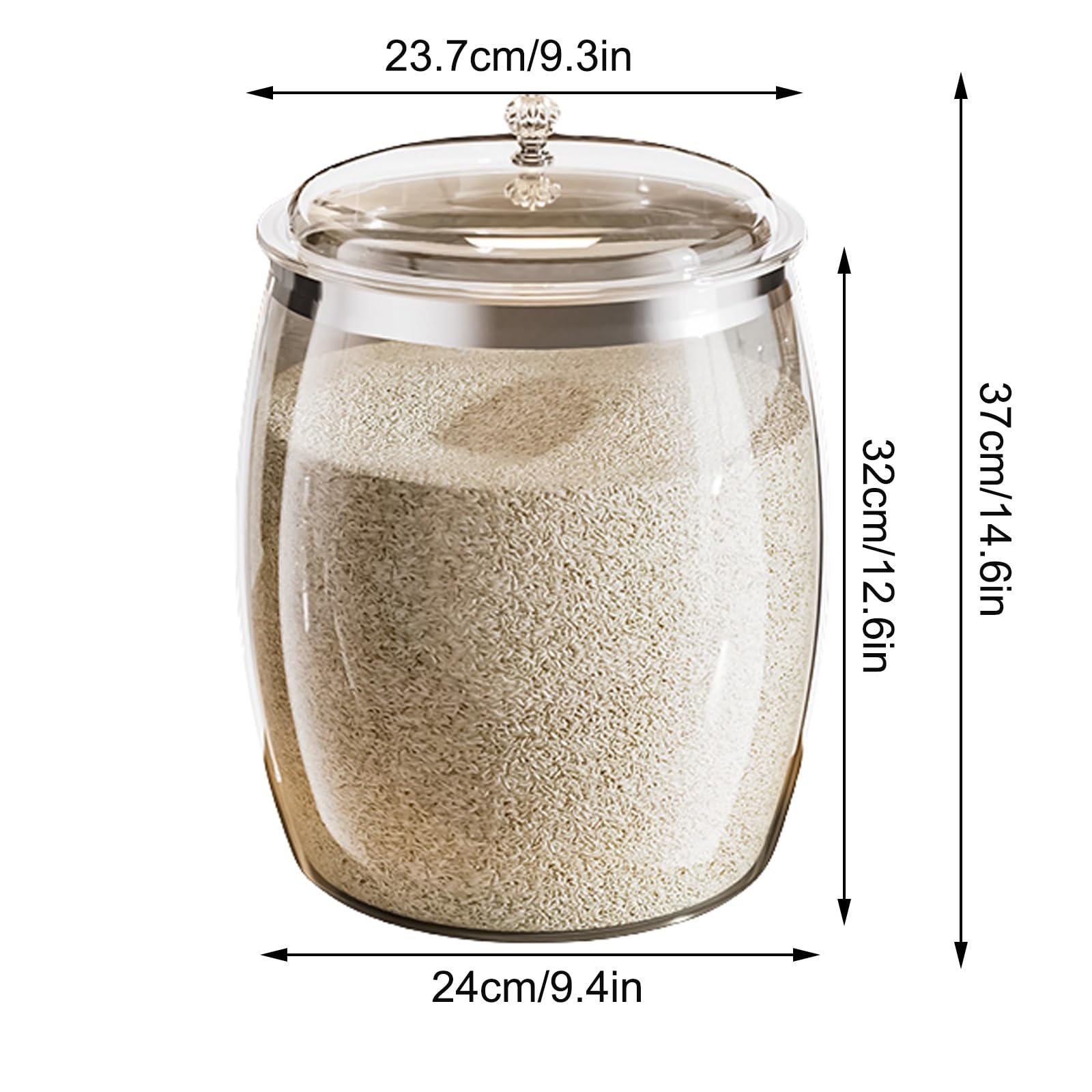 Tarro cereales transparente,recipiente for cereales,tarro arroz plástico hermético,espesado y duradero,grado alimenticio PET,gran capacidad 5 a 15 kg, adecuado for almacenar arroz, harina(24*23.7*32cm